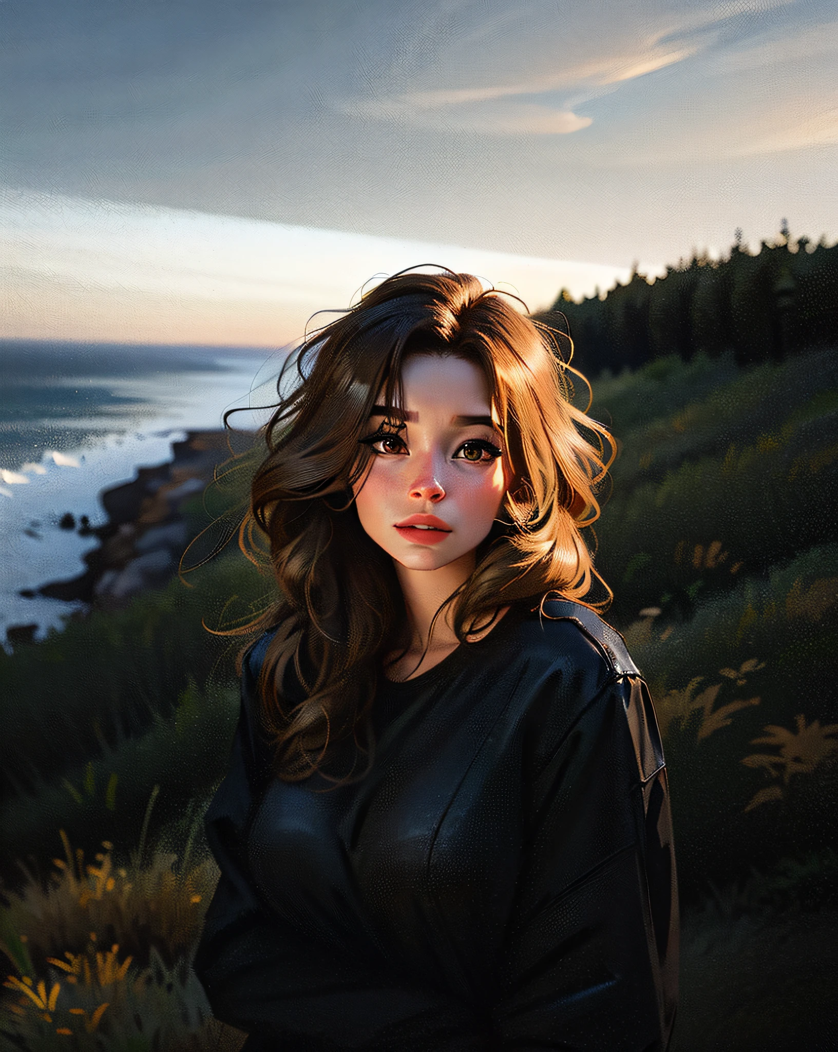 a hyper-realistic portrait of a young woman, in the middle of nature, 22 years old, realistic, (lying on her side), sexy, (huge breasts 2:1), short brown hair, (hair tied with bows), curved, SFW