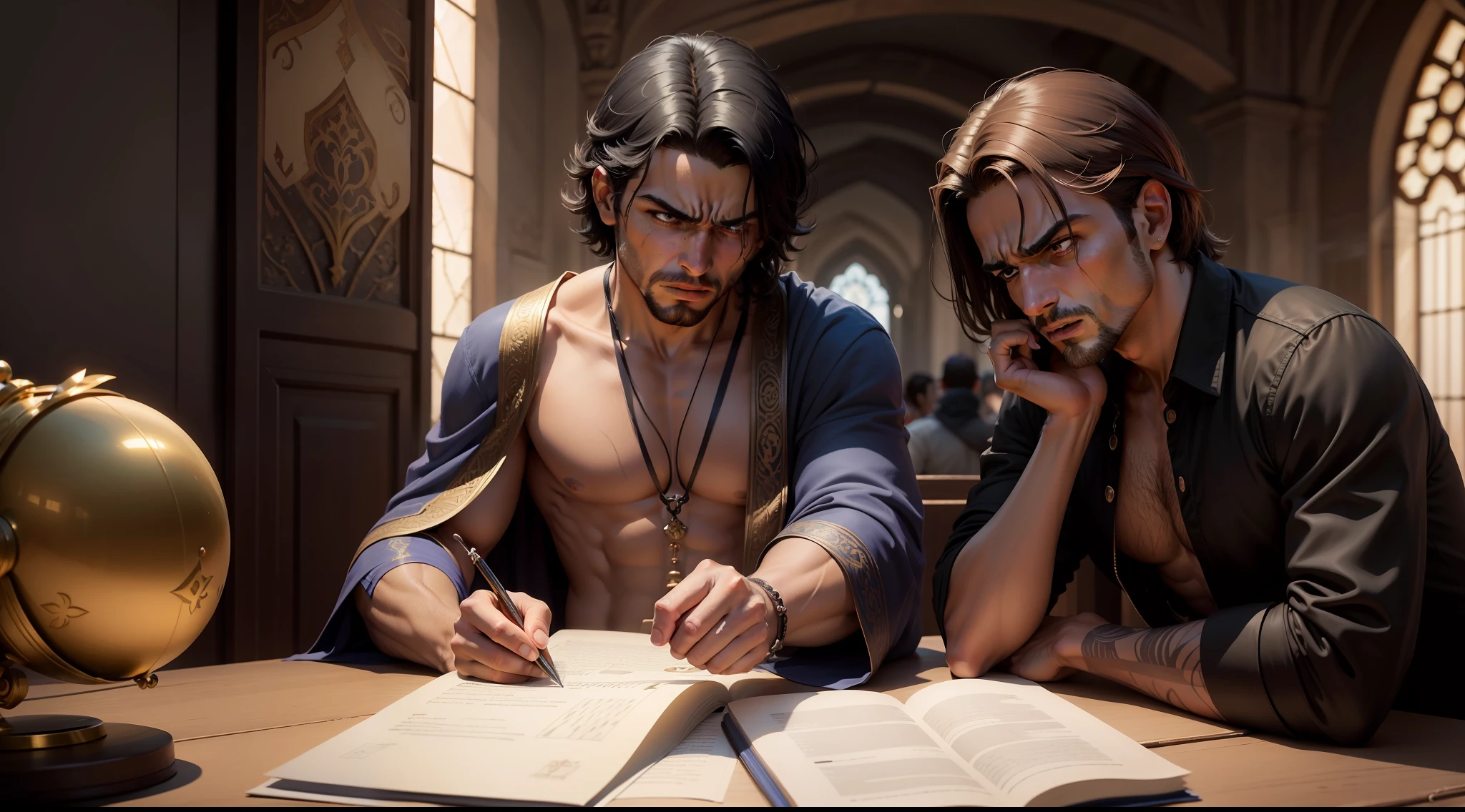 Desenhe duas figuras, representando Abel e Caim, trazendo suas ofertas a Deus. Coloque um brilho divino sobre a oferta de Abel, showing God's approval. ao mesmo tempo, demonstrate Cain with an expression of frustration and envy.