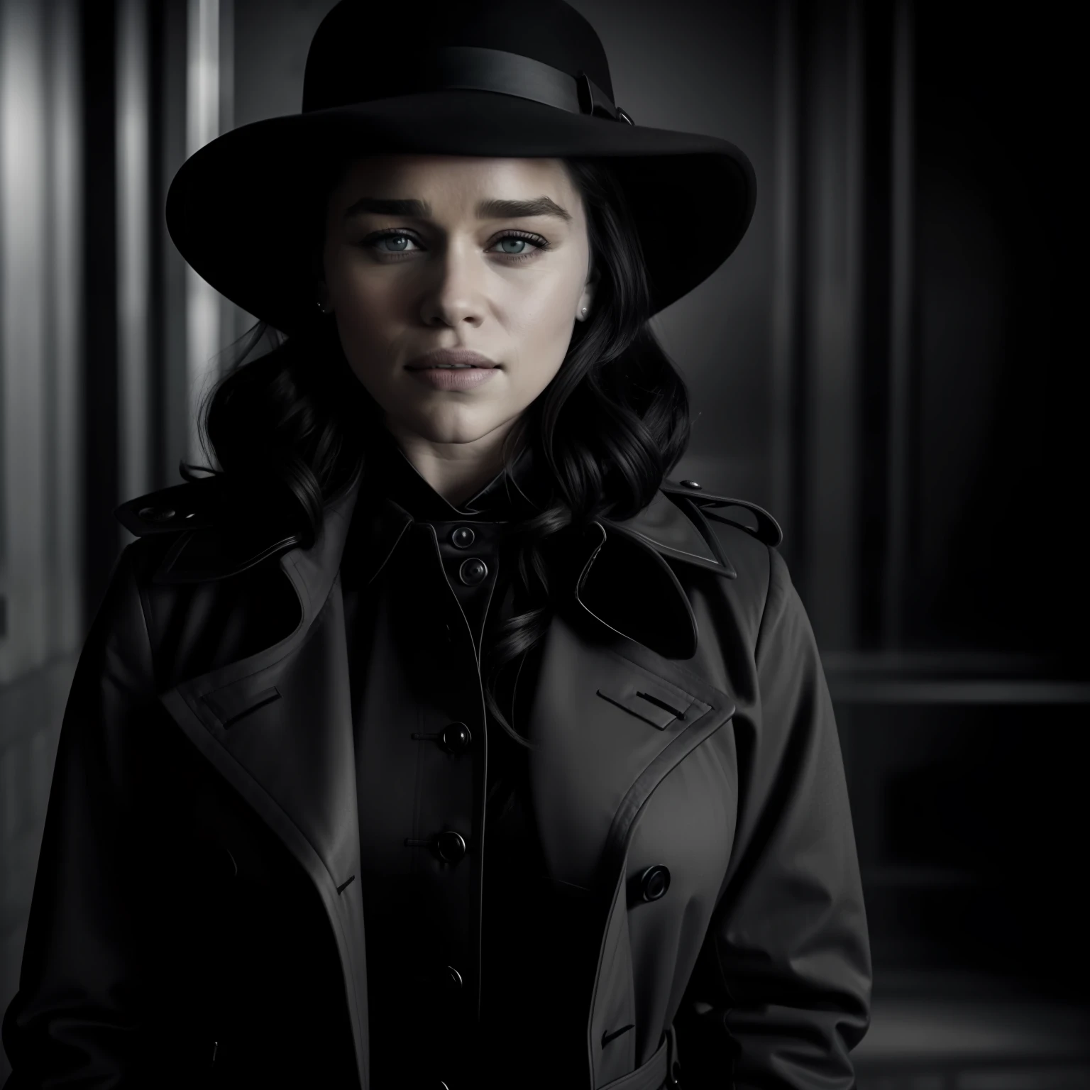 Black and white photo of Emilia Clarke from agency detective in a trench coat and a fedora. She has short dark hair and an intense look about her. She is also tall and muscular, ultrarealistic 8k, big boobs