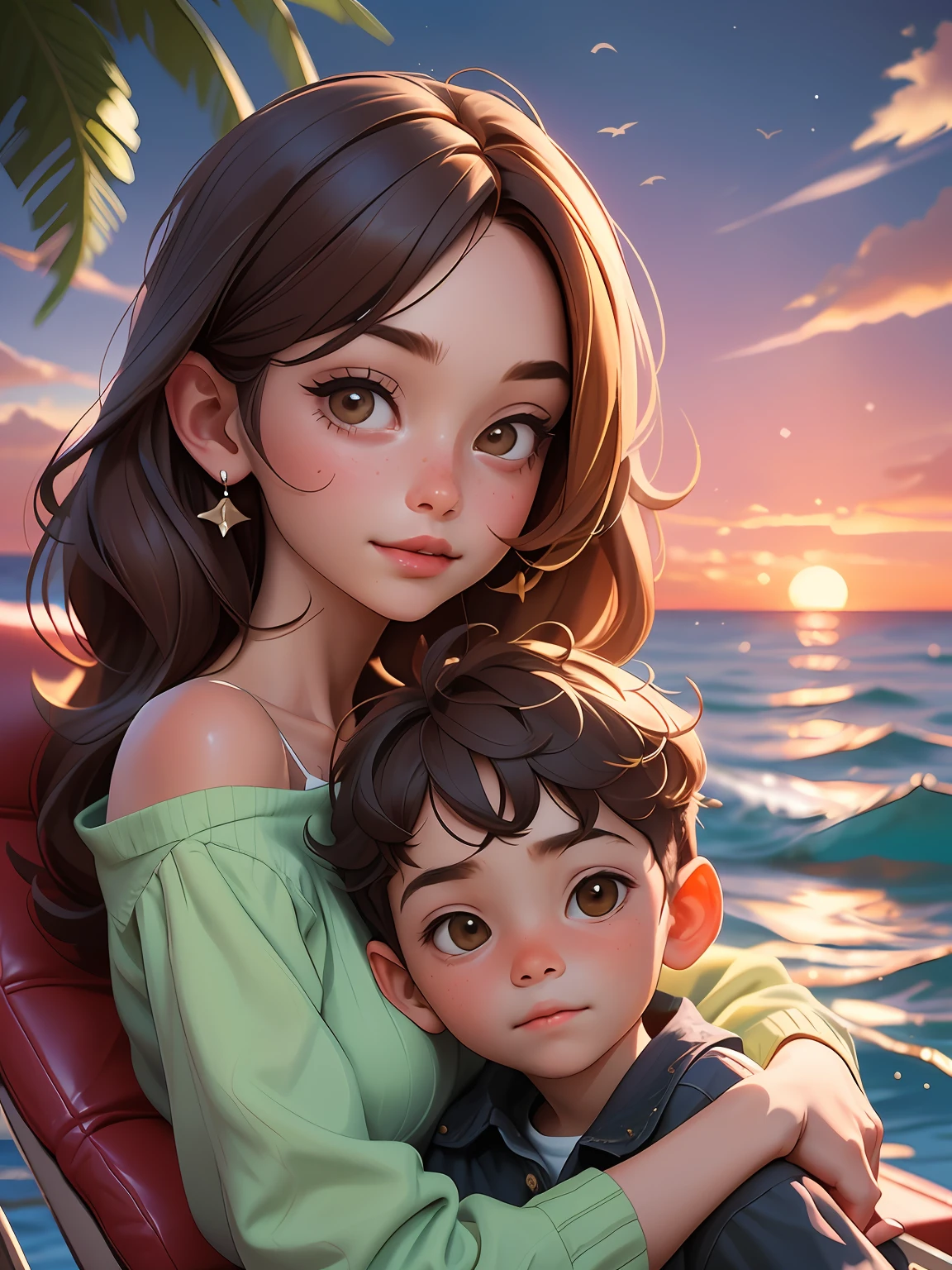 6--old with brown hair, on his mother's lap, also with brown hair and shoulder length, with the sea in the background at sunset