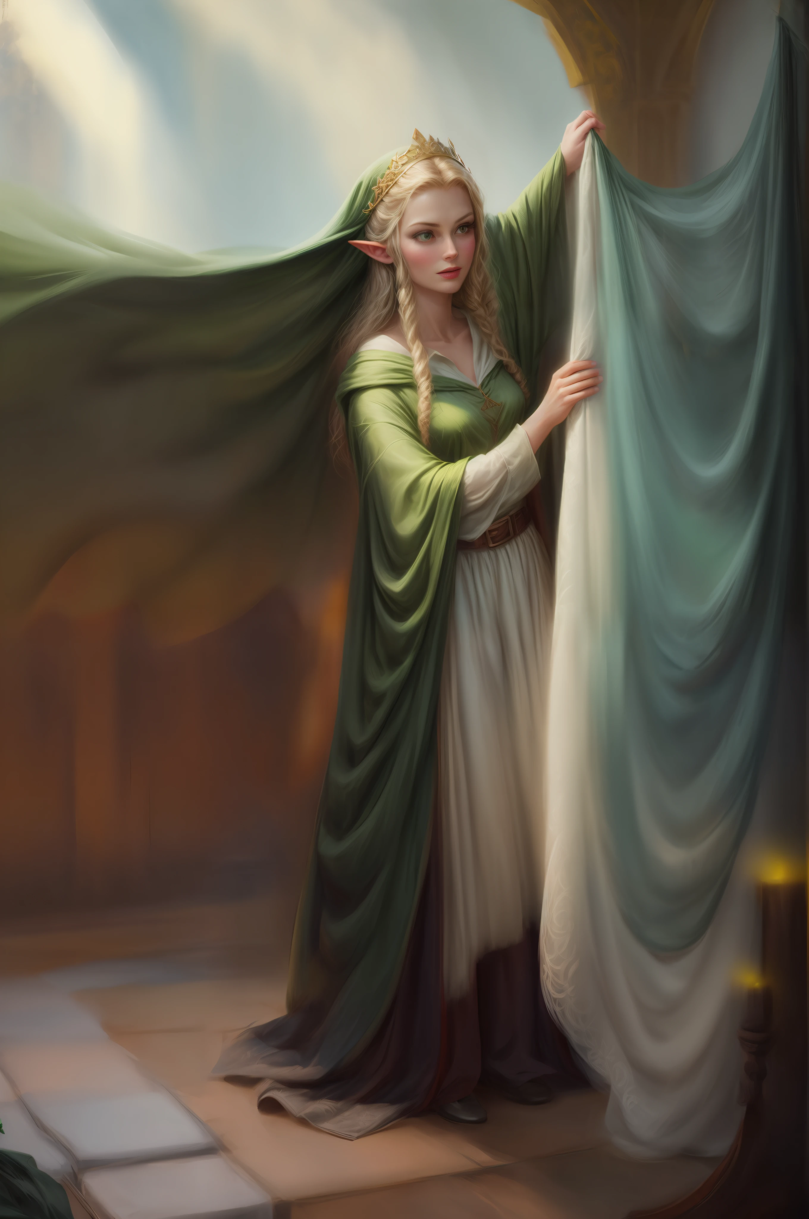 there is a woman that is standing under a curtain, with a green cloak, wearing green cloak, wearing a green cloak, galadriel from lord of the rings, wearing a flowing cloak, of elven queen galadriel, green cloak, wearing a crown and green cape, beautiful elf with ornate robes, Galadriel in Lothlórien