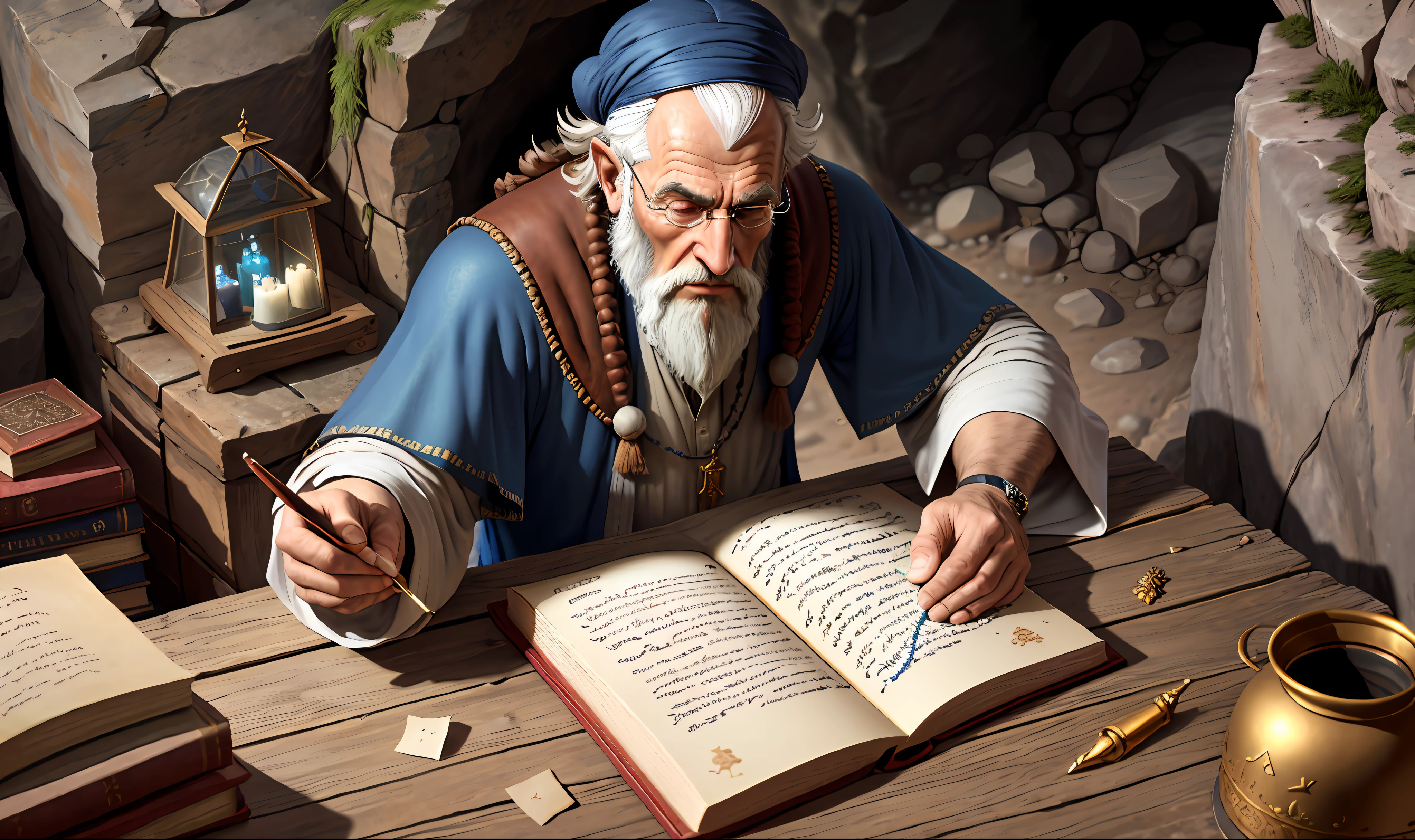 Ancient imangem, Jewish clothing, Jewish man, old Christian writing letters in a rocky cave with a lot of technology and extreme realism ((image representing the apostle John)) masterpiece, best quality, highres, (photorealistic: 1.4)