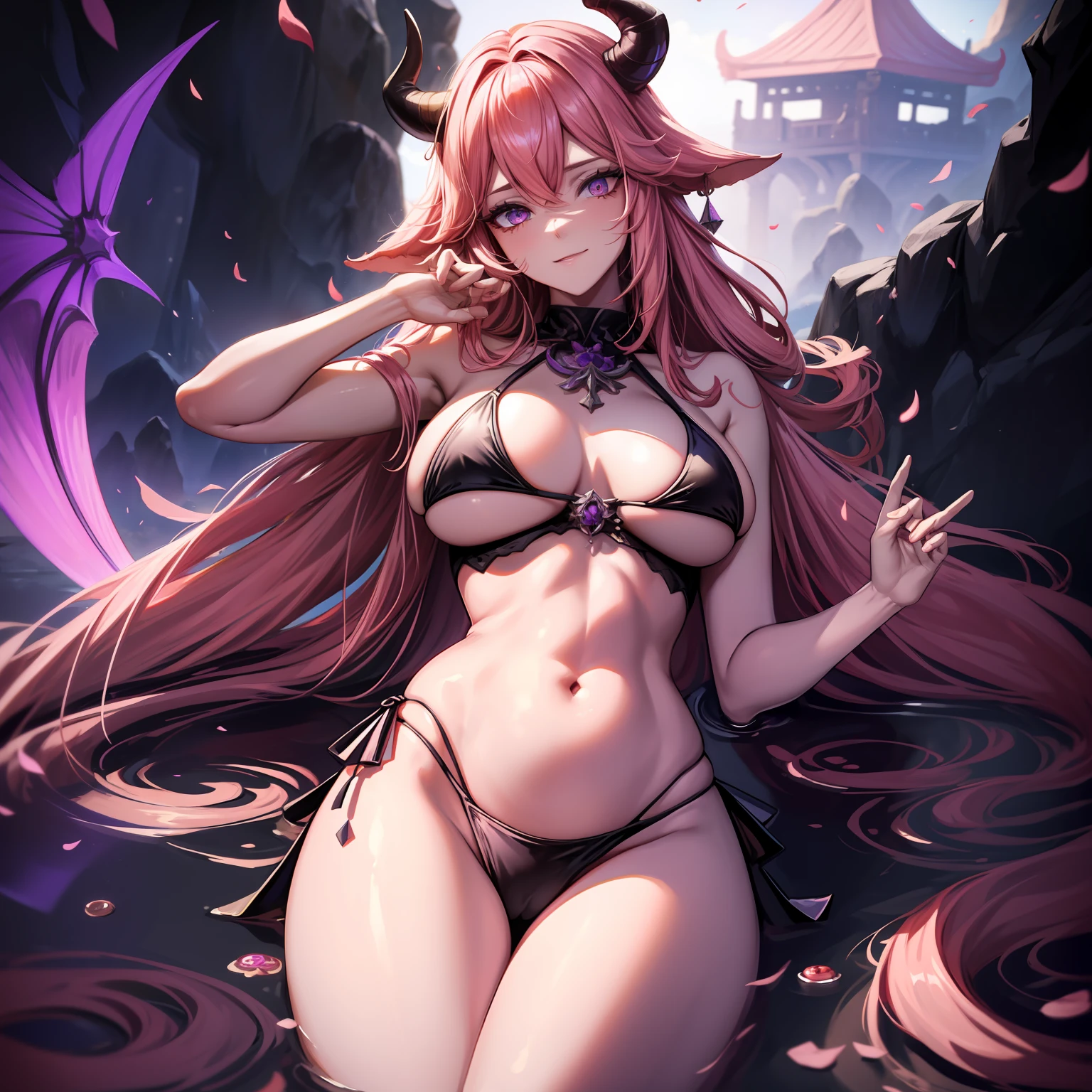 A female demon milf with black demon horn with wet dress, wet white bikini, belly belly button visible, belly visible, ((demon horn)), cabelo de rapunzel cor-de-rosa extremamente longo, ((Cabelo de rapunzel cor-de-rosa)), White eyes of the demon, ((olhos brancos)), corpo volumoso com seios e busto enormes, ((seio e busto enormes)),Purple mist with purple energy particles and floor with red liquid, olhar perverso e vazio, sem brilho nos olhos, with a serious, cara de olhando para o espectador de baixo, proeminentemente em suas pernas e seios;, destaque nas pernas e nos seios, Pose sexy, Pose sexualizada, pernas abertas ;, Moda realista, sysie high definition details, fotografia, perspicacity, unique 850 4, Koda850 k portrait camera, Primavera F1.6, cores ricas, Textura super realista, textura de luz espetacular, arte surreal, Cinestil 800 mecanismo de moda