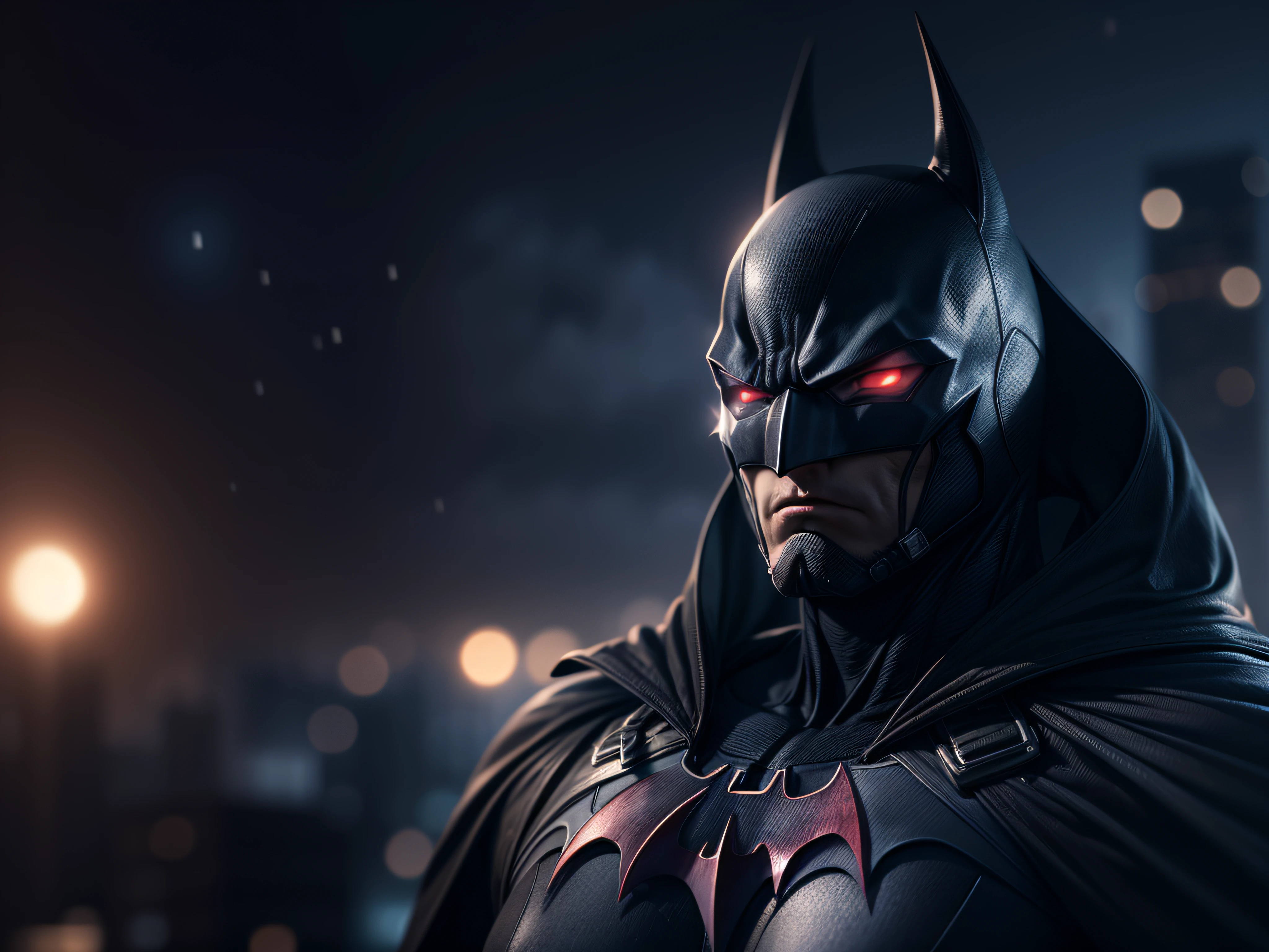 Close a powerful threat, The imposing appearance of the Batrman, menacing stare, ricamente detalhado, Hiper realista, 3D-rendering, obra-prima, NVIDIA, RTX, ray-traced, Bokeh, Night sky with a huge and beautiful full moon, estrelas brilhando,