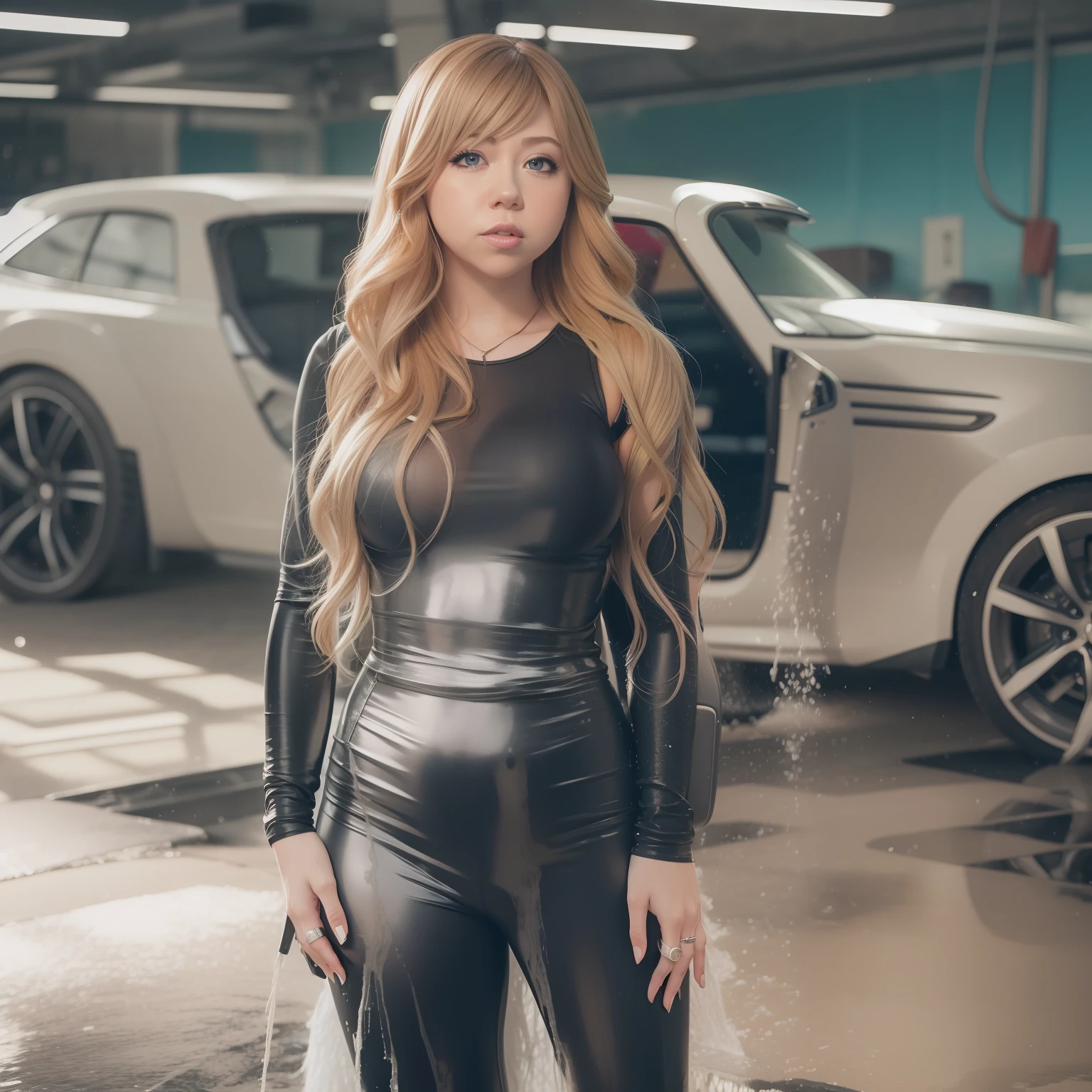 Jennette McCurdy, Carwash, Mittlerer Schuss, Meisterwerk, ultra-detailliert, ultra realistisch, full entire body, (((Foto, 8K))), cleavage, nass, nasse Haare