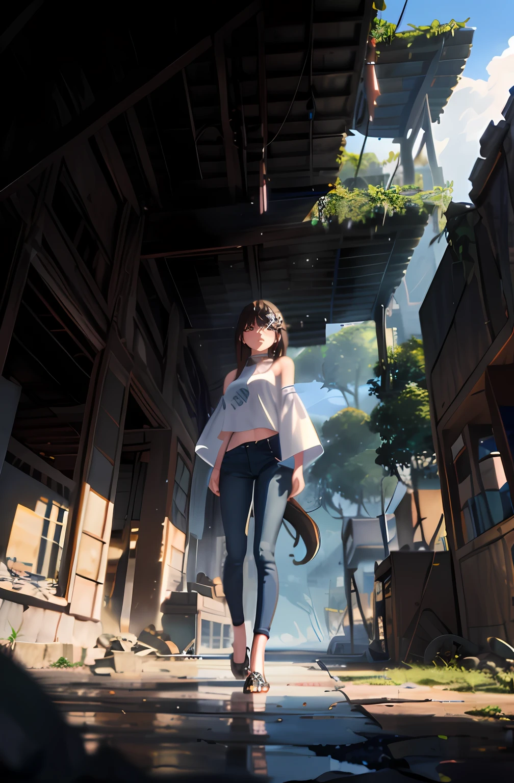 Vast landscape photos、Beautiful girl standing on the background of an abandoned city、Eyes Like Gems、Jeans pants、Adventure style、poneyTail、Brown hair、(motor bikes:1.2)、(Buildings eroded by nature:1.2)、rubble、Perished metropolis、naturey、ivy、Giant trees、the wind、(Watercolor style:1.2)、Scenes from the break story、intricate detailes、Volume Lighting BREAK (masterpiece:1.2)、(top-quality)、4K、ultra-detailliert、(The composition of the movement:1.4)、Highly detailed and colorful details(Irridescent color:1.2)、(Glowing lighting、Atmospheric illumination)、sad、(独奏:1.2)