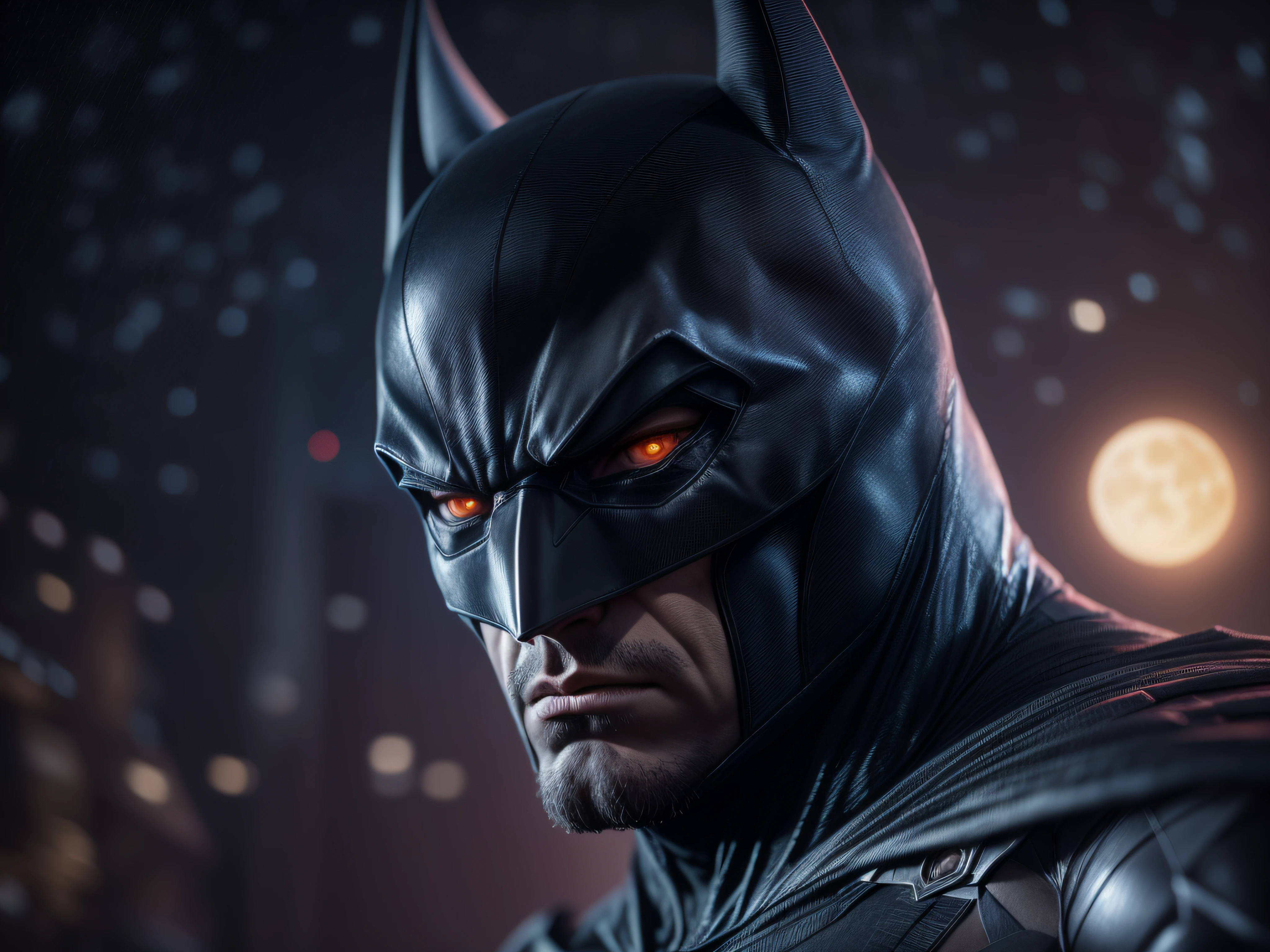 Close a powerful threat, The imposing appearance of the Batrman, menacing stare, ricamente detalhado, Hiper realista, 3D-rendering, obra-prima, NVIDIA, RTX, ray-traced, Bokeh, Night sky with a huge and beautiful full moon, estrelas brilhando,