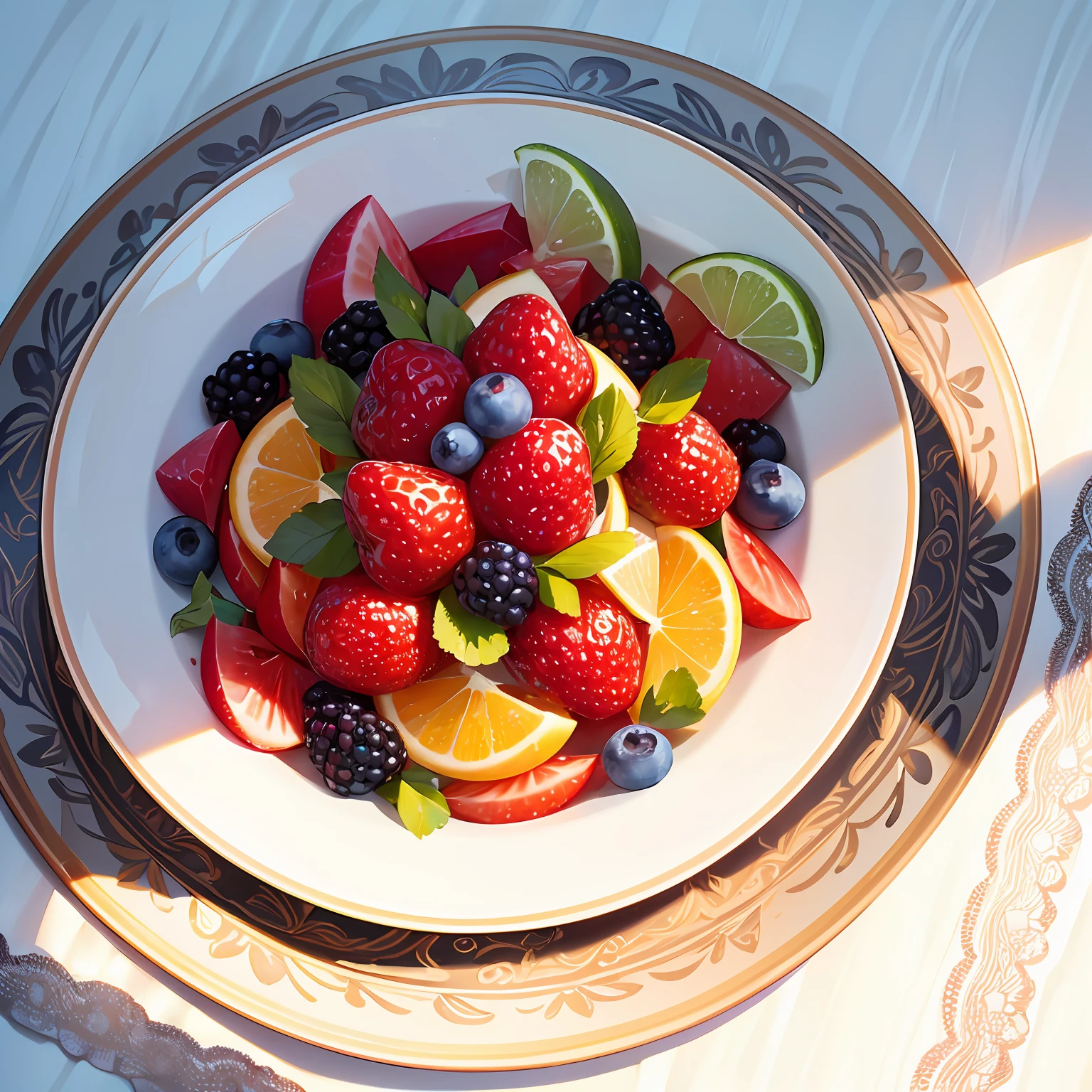 Close-up photo of a bright, Colorful fruit salad with a variety of fresh dishes, ripe berries,, For example, strawberries, blueberries, and raspberries. The fruit is located in a visually appealing form on a white plate, and droplets of water shine on the surface of the fruit, emphasizing its freshness and juiciness. The colors of the berries are bright and captivating, Creating a visually enticing look, reflecting the positive and energetic vibes of the keto diet. The photo was taken at an angle slightly above the head, capture the intricate details and textures of berries, And it was shot with a high-resolution camera, to ensure sharpness and clarity in every pixel. The image is edited in a realistic style, with natural light and vibrant colors, which enhance the visual impact of fruit salad. ::1 Text, Fonts, Letters, watermarks, words, typographics, Slogans, signature ::-0.5 – no text, Fonts, Letters, Watermark, Words, Typography, Slogans, signatures —AR 9:16 —style raw —stylize 750