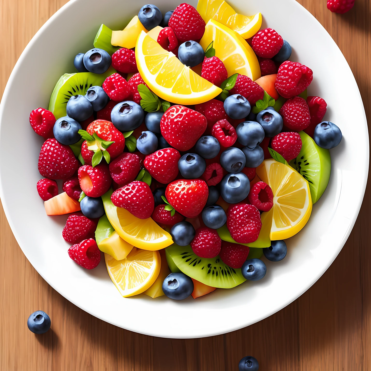 Close-up photo of a bright, Colorful fruit salad with a variety of fresh dishes, ripe berries,, For example, strawberries, blueberries, and raspberries. The fruit is located in a visually appealing form on a white plate, and droplets of water shine on the surface of the fruit, emphasizing its freshness and juiciness. The colors of the berries are bright and captivating, Creating a visually enticing look, reflecting the positive and energetic vibes of the keto diet. The photo was taken at an angle slightly above the head, capture the intricate details and textures of berries, And it was shot with a high-resolution camera, to ensure sharpness and clarity in every pixel. The image is edited in a realistic style, with natural light and vibrant colors, which enhance the visual impact of fruit salad. ::1 Text, Fonts, Letters, watermarks, words, typographics, Slogans, signature ::-0.5 – no text, Fonts, Letters, Watermark, Words, Typography, Slogans, signatures —AR 9:16 —style raw —stylize 750