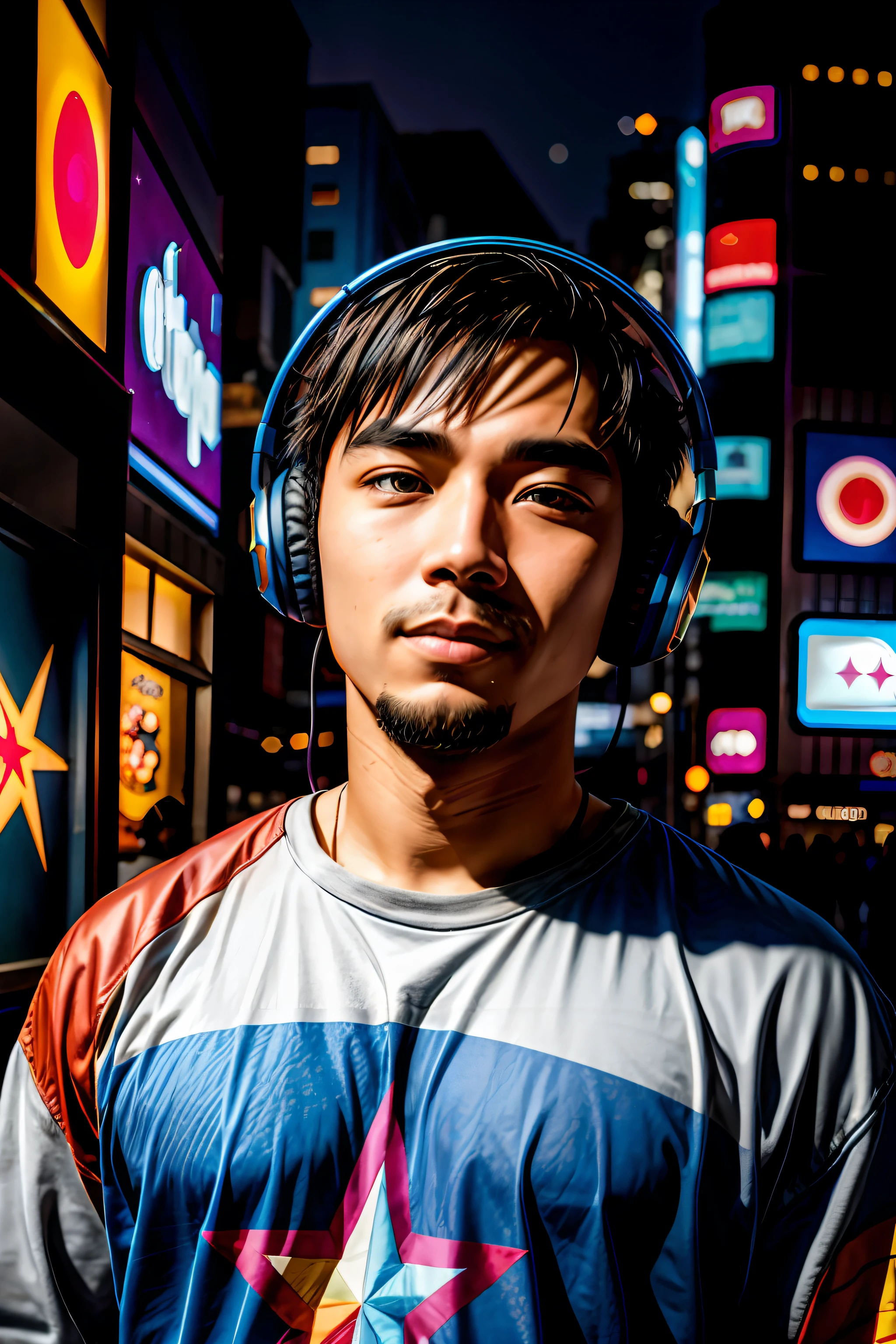 jane_noexist, 1 men, gamer,headphones,  jeans, japan, stars, complex background , street , graffiti
 volumetric, dramatic lighting, lens flare,
photorealistic, masterpiece, best quality, portrait