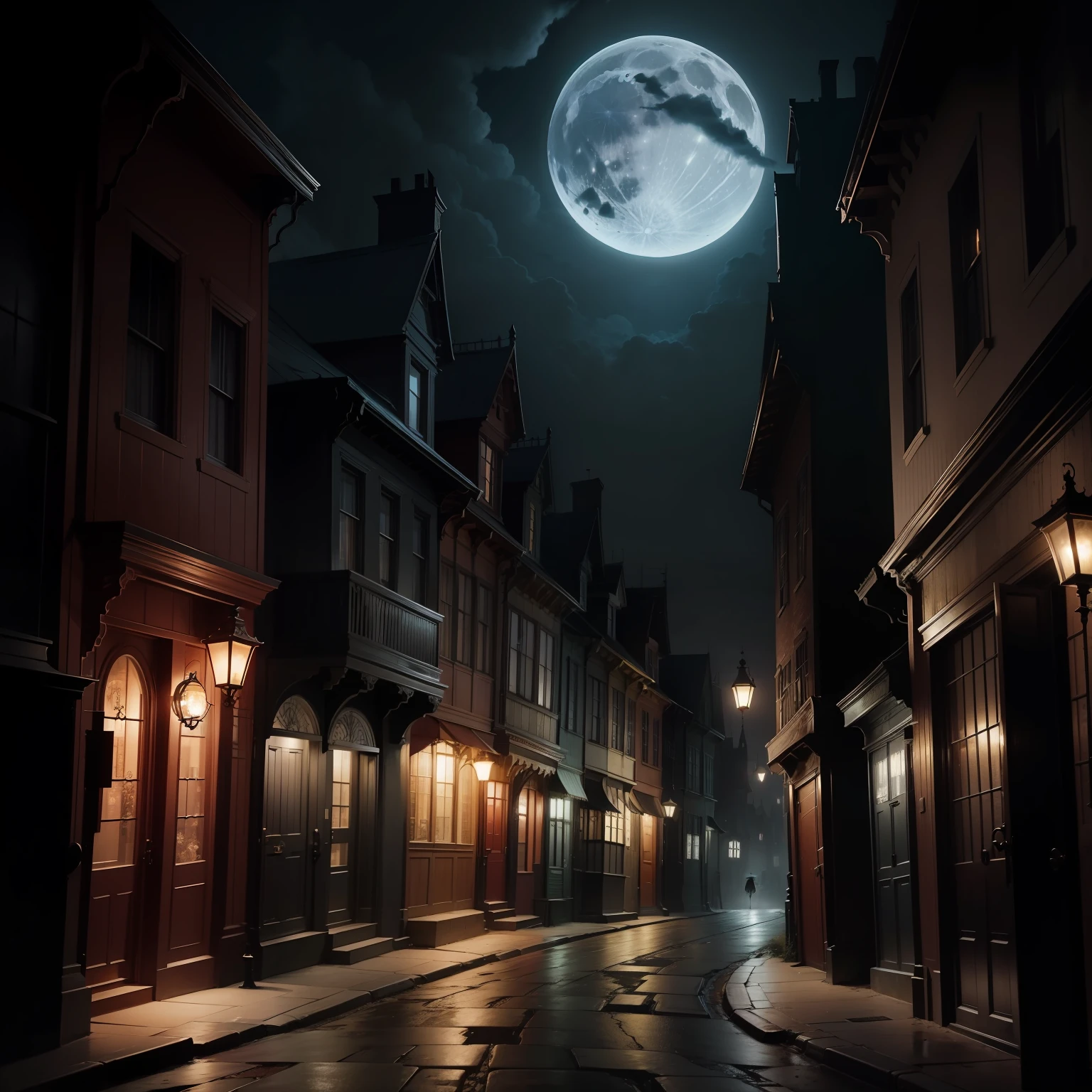 An eerie, moonlit cityscape with narrow streets and old Victorian-style houses, setting the mysterious tone for the legend.