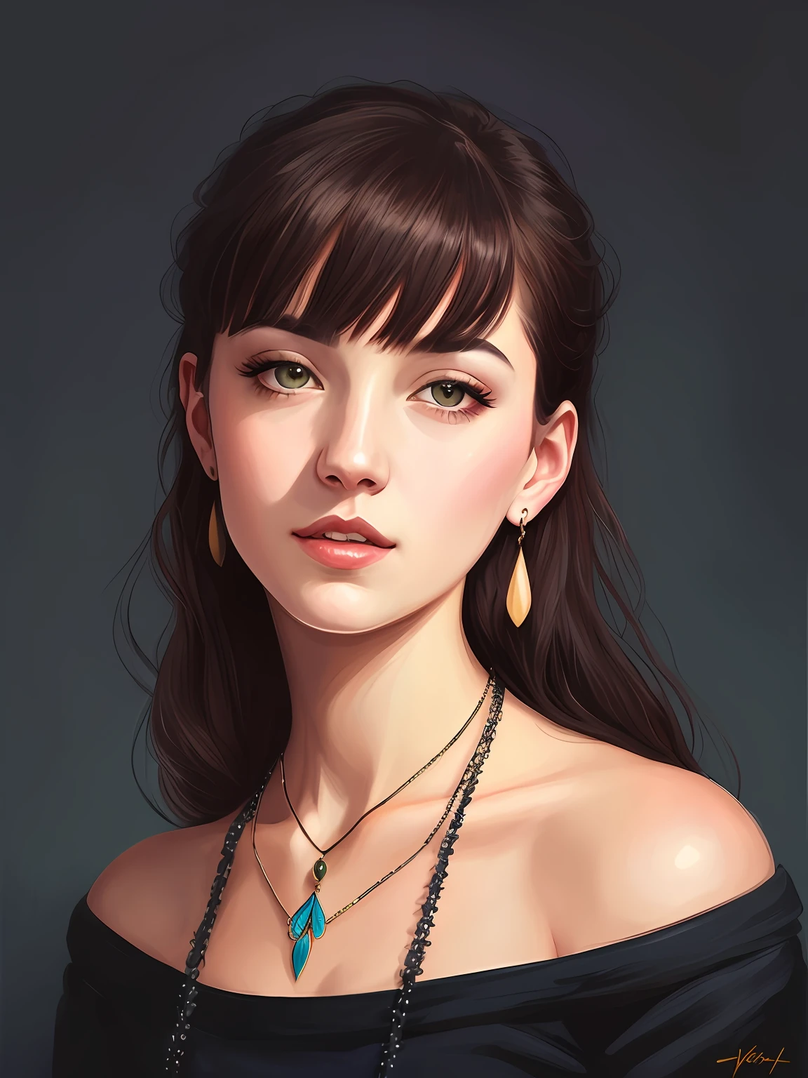 painting of a woman with a necklace and earrings on her neck, portrait study, character art portrait, stylized portrait, detailed character portrait, digital portrait, low detailed. digital painting, painted character portrait, 🤤 girl portrait, realistic female portrait, lofi portrait, digital illustration portrait, detailed color portrait, high quality portrait, smooth. digital painting, realistic portrait