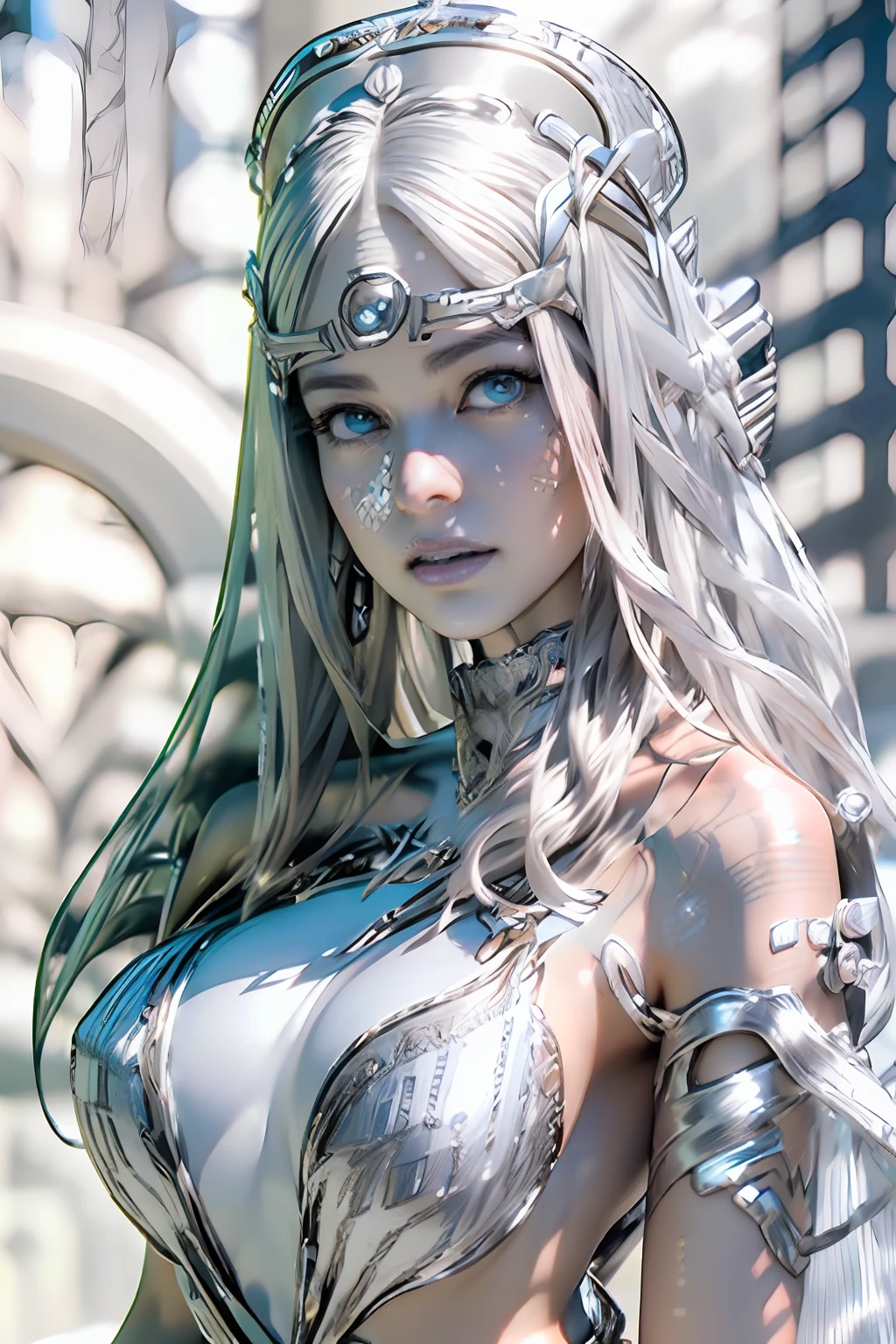 Ultra-detailed complex 3D rendering of the face, (masterpiece, top quality, octane rendering,), glamour shots full body image, very beautiful young elves, cleavage, (highly detailed skin: 1.2), (exposure: 1.1), ((blue micro bikini: 1.95)))). , 8k, (((very soft breasts)), (((conspicuous large pink areola)), beautiful Caucasian woman with white skin with full soft breasts with big buttocks, one, long braided hair, big breasts, dynamic angles, (((huge breasts: 2.4)), ultra-realistic photos, ((((((silver hair)))), futuristic urban background, facial muscles, (((((detailed and glamorous silver crown)))), In the style of Marvel Comics, ArtStation Trends, Clear Focus, Intricate Details, Very Detailed, Detailed Green Eyes, Sharp Focus, Digital Rendering, Professional, Abs, Lip Gloss, Glossy Skin, Sexy Pose, Golden Tattoo All Over Body, Silver Pattern All Over Body, Silver Lame Skin, Gold Glitter Skin, Mansuji, Buttocks, Jeweled All Over the Body, with silver scales, silver hair,