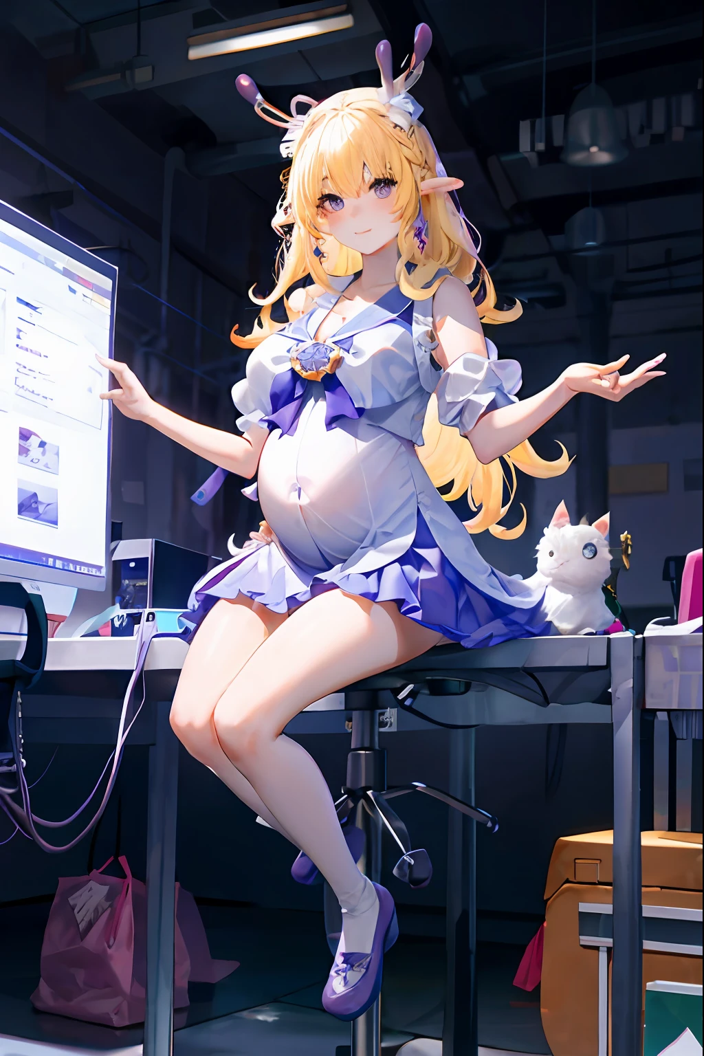 Yao， 1girll， 独奏， （（white  shirt））， black thighhigns， nedium breasts，， 校服， office backdrop， a black skirt， pleatedskirt， office room， hair between eye， Purple earrings，big cleavage breasts， long whitr hair， looking at viewert， silver short nails， Gray eye， 独奏， upper legs， upper legs， long whitr hair， （（tmasterpiece））， Sat down， a chair， desks， Computer on the desk， name badge， ID tags， inside in room， Be red in the face， sexyposture， hand behind ack，Pregnant belly，Pregnant belly，yellow long hair，adolable，pregnant belly，Pregnant belly