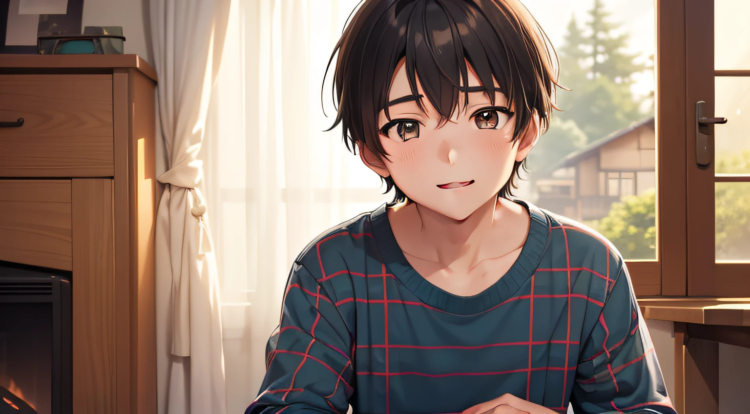 15-year-old boy named Zawa with a twinkle in his eyes of such wonder, son of a lumberjack, in plaid shirt, at home, at night, blurred background, Ghibli Film Studio