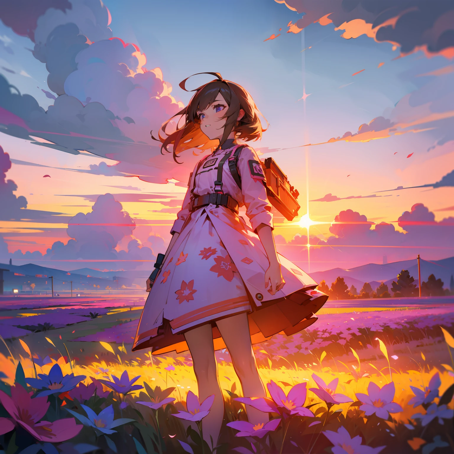 girl standing in field of neon flowers, detailed face, mid shot, clouds, sunrise