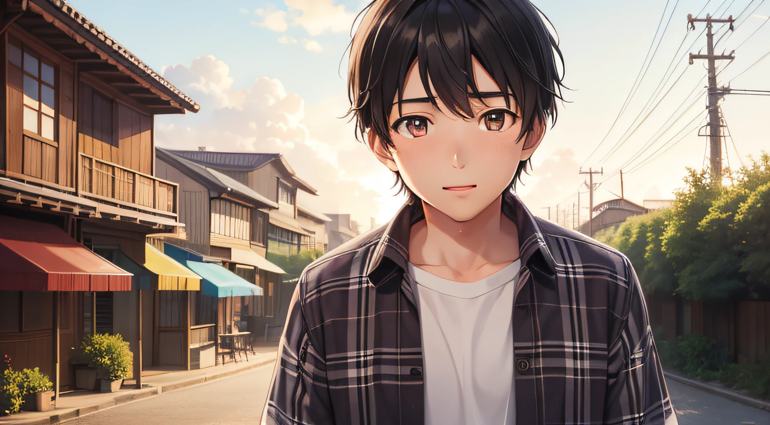 15-year-old boy named Zawa with a twinkle of wonder in his eyes, son of a lumberjack, in plaid shirt, blurred background, Ghibli Film Studio