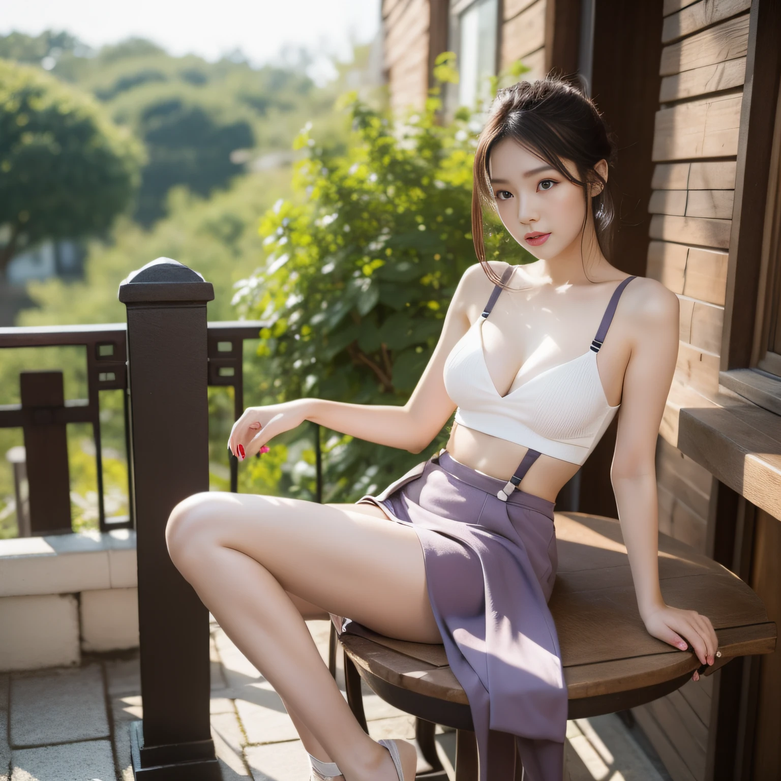 4K,realisticlying,Wear a suspender top,An Arabi woman in a short skirt sat at the table,pretty hair,Open your legs to reveal your panties,eye makeup, gorgeous chinese models, ankle,slippers,pretty face with arms and legs, hot with shining sun, Open legs,juicy legs, Outdoors, Beautiful legs, very beautiful slim legs, Chinese girl, Hot and sunny, Beautiful Asian girl, low view, sakimichan hdri, very beautiful long slim legs