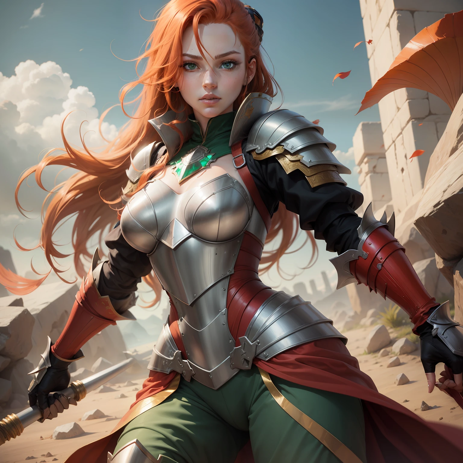 "female character, emerald eyes, full Crimson plate armor, wavey ginger hair."