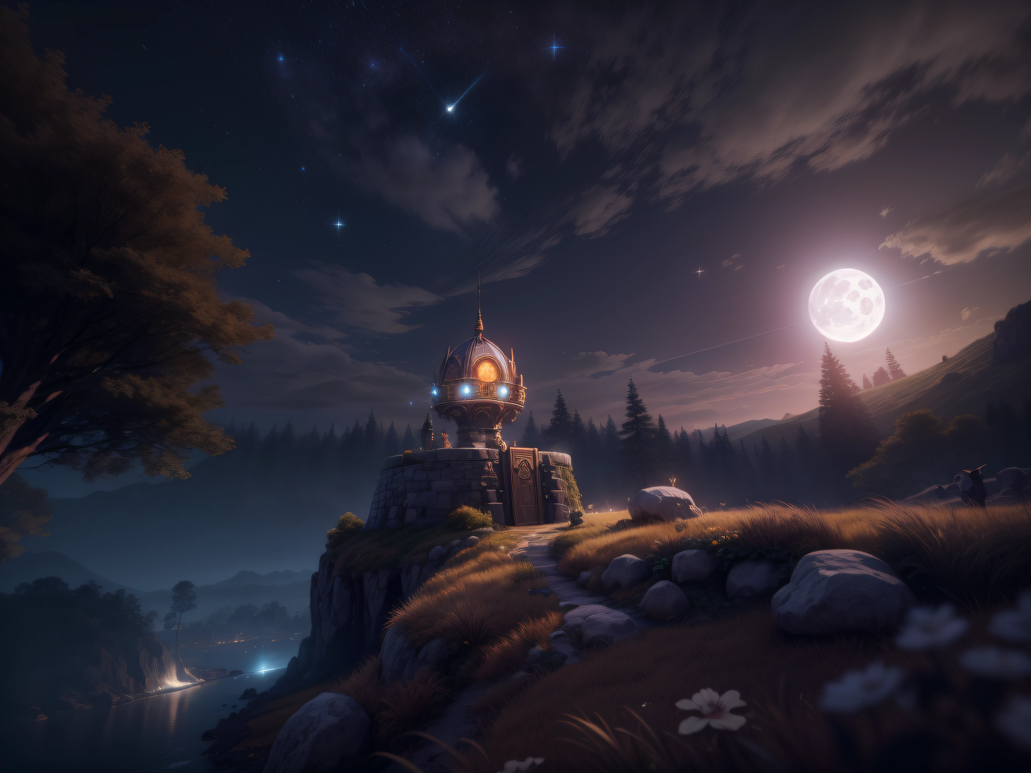 Close a powerful threat, A aparência imponente do Link de The Legend of Zelda, menacing stare, ricamente detalhado, Hiper realista, 3D-rendering, obra-prima, NVIDIA, RTX, ray-traced, Bokeh, Night sky with a huge and beautiful full moon, estrelas brilhando,