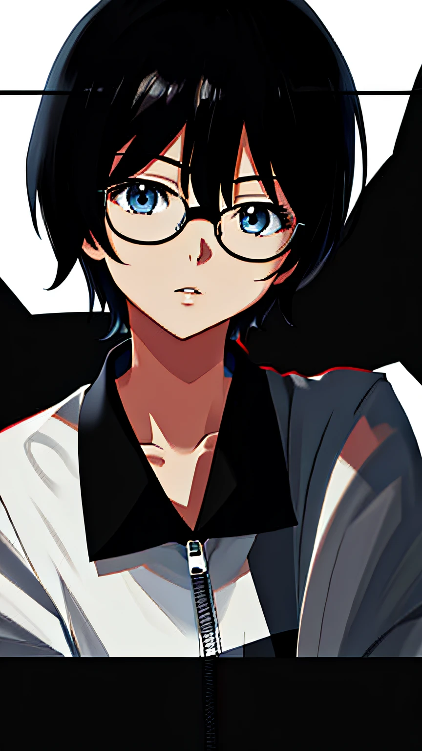 Anime girl posing for photo with glasses black zipper white coat and black collar,Plain white background,Short black hair is slightly moderate