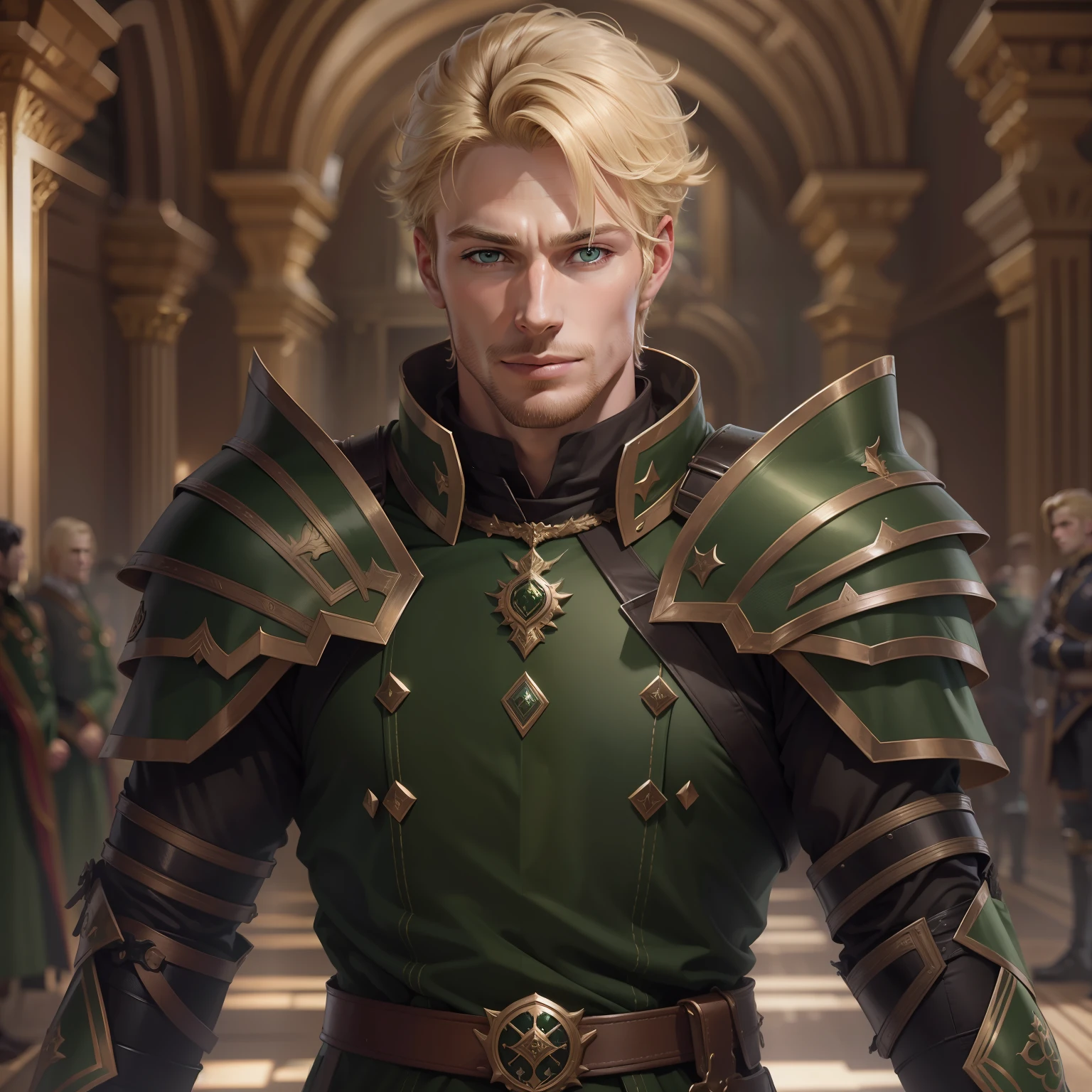 realistic image of a blond man, short hair, handsome, 32 years old, green eyes, dressed in black rpg warrior outfits with dark green shoulder pads, slight smile with extremely detailed teeth, in a large hall of a royal palace