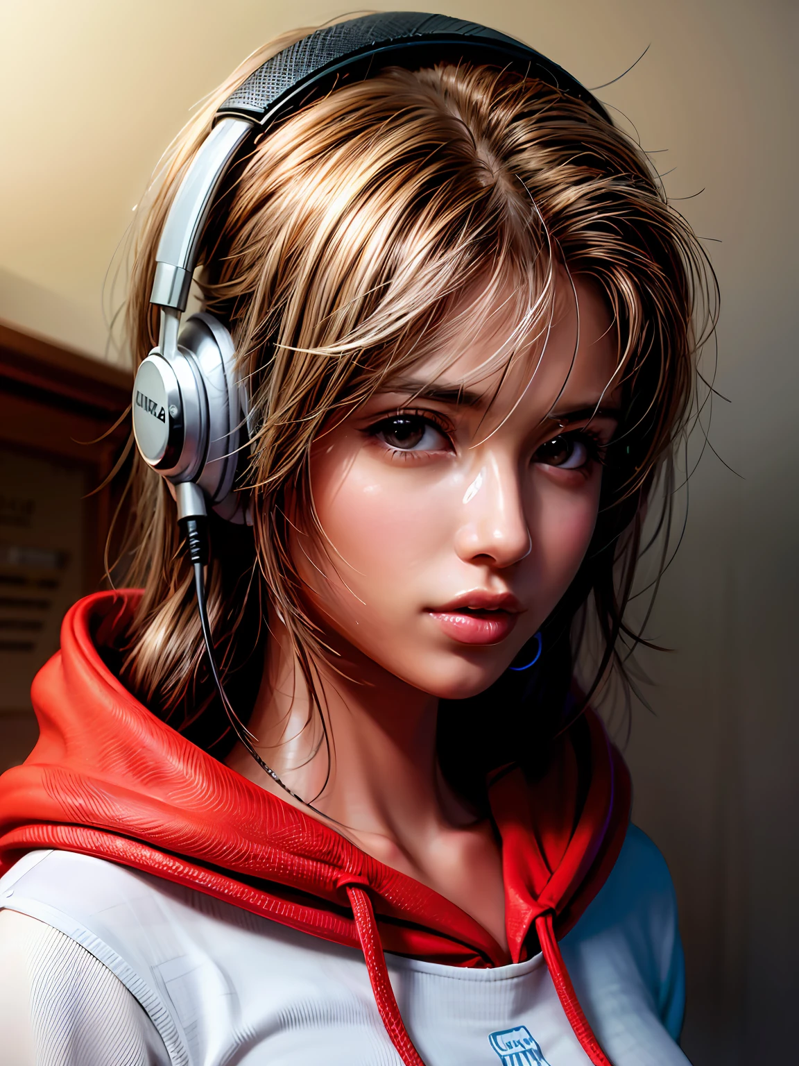 long straight dark brown haired gamer girl leaning into the camera, three-quarter headshot:1.2, lean body, fit body, photo from front above, dark red hoodie:1.2, straight hair, large leather gamer headphones:1.2, skintight black top:1.2, looking at viewer, realistic, 4k, cinematic lighting, perfect, soft lights, intricate details:1.2, high resolution skin:1.2, realistic skin texture, realistic face, perfect anatomy, lean girl, fit girl, sfw:1.2, jumper:1.2, hoodie:1.2, headphones:1.2