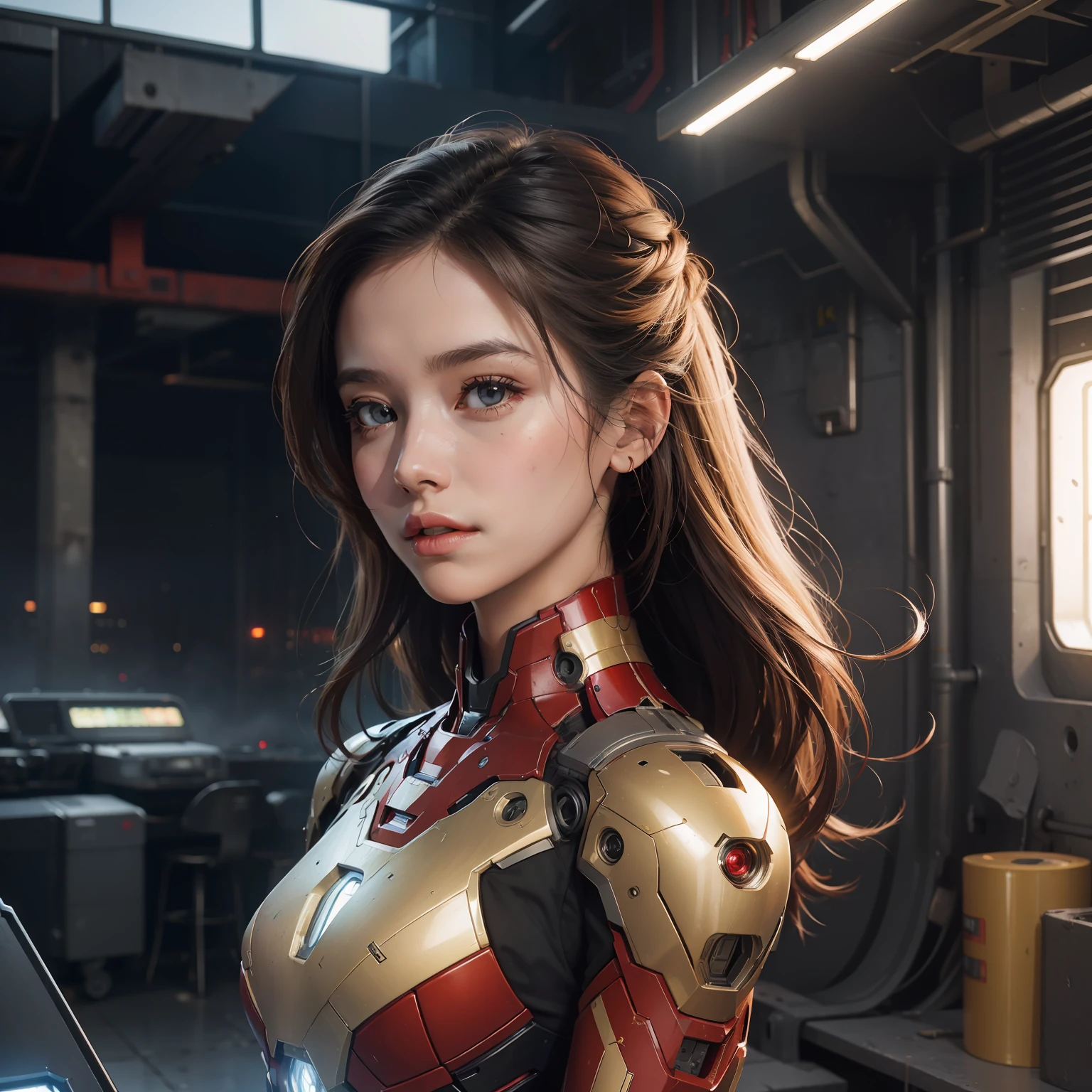(1girl:1.3), solo,__body-parts__, official art, unity 8k wallpaper, ultra detailed, beautiful and aesthetic, beautiful, masterpiece, best quality, RAW, masterpiece, super fine photo,, best quality, super high Resolution, photorealistic, sunlight, full body portrait, stunningly beautiful,, dynamic pose, happiness face, vibrant eyes, (side view), she is wearing a futuristic Iron Man mech, red and gold, Highly detailed abandoned warehouse background, detailed face, detailed complex busy background, messy, gorgeous, milky, high detailed skin, realistic skin details, visible pores, sharp focus, volumetric fog, 8k uhd, dslr camera, High quality, film grain, fair skin, photorealism, lomography, sprawling metropolis in a futuristic dystopia, view from below, translucent