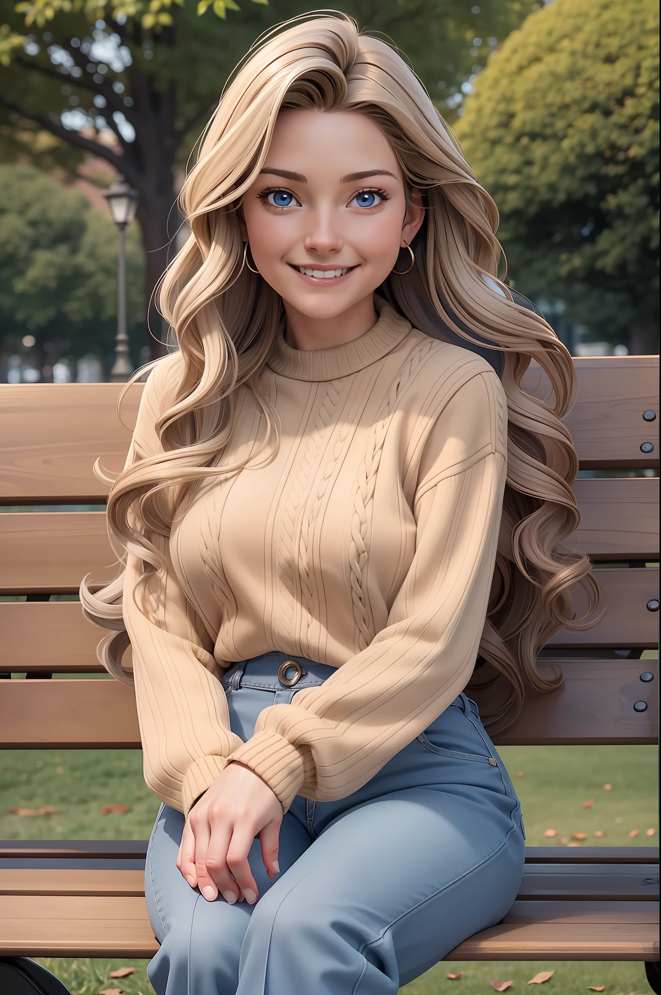 High quality, best quality, masterpiece, 2girl, 50 year old female, curves, light brown woollen jumper, long red trousers, sitting on park bench, long wavy silver hair, blue eyes. smiling. small breasts, long sleeves, she looks at the viewer.
