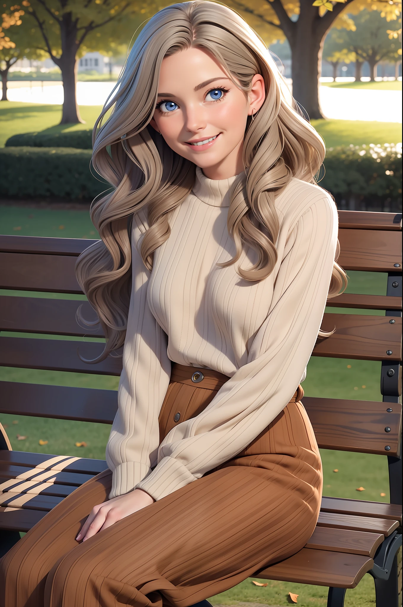 High quality, best quality, masterpiece, 2girl, 50 year old female, curves, light brown woollen jumper, long red trousers, sitting on park bench, long wavy silver hair, blue eyes. smiling. small breasts, long sleeves, she looks at the viewer.