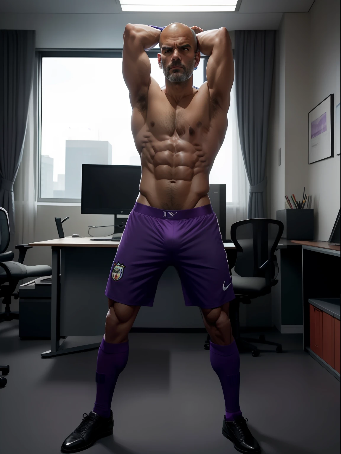 45 yers old,Guardiola,Shirtless,Tong,Bulge,office room,black long socks,Thin,musculature,lbeard,fortitude,artwork of a,tmasterpiece,k hd,angry look,purple panty,Legs open,Raised butt,Put your hands behind your head,surrounded by a crowd of people