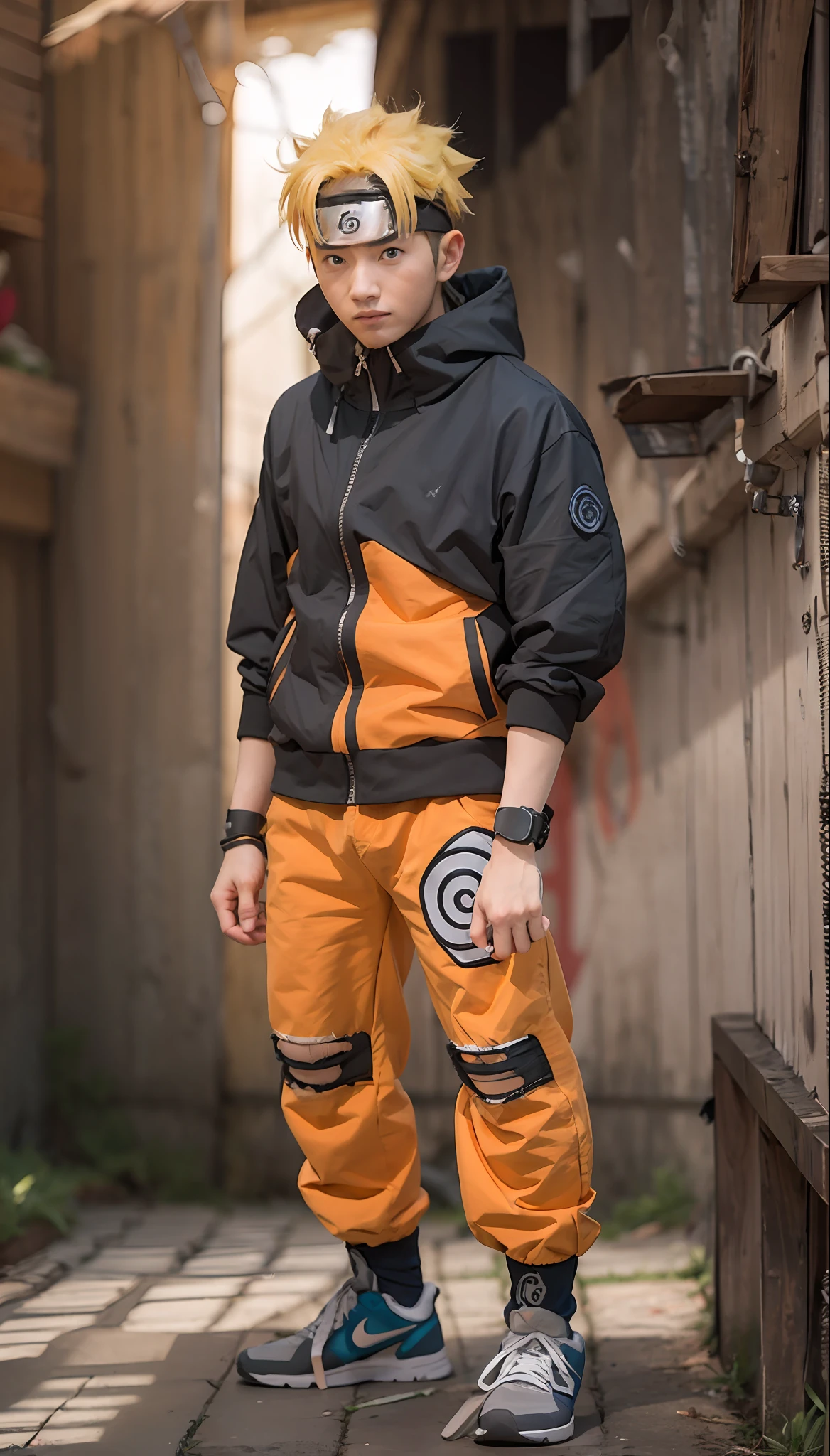 Naruto Uzumaki, muito bunito, com 25 anos de idade, usando roupas da Nike, extremamente realista, em frente uma casa fundo lanchonete meio corpo