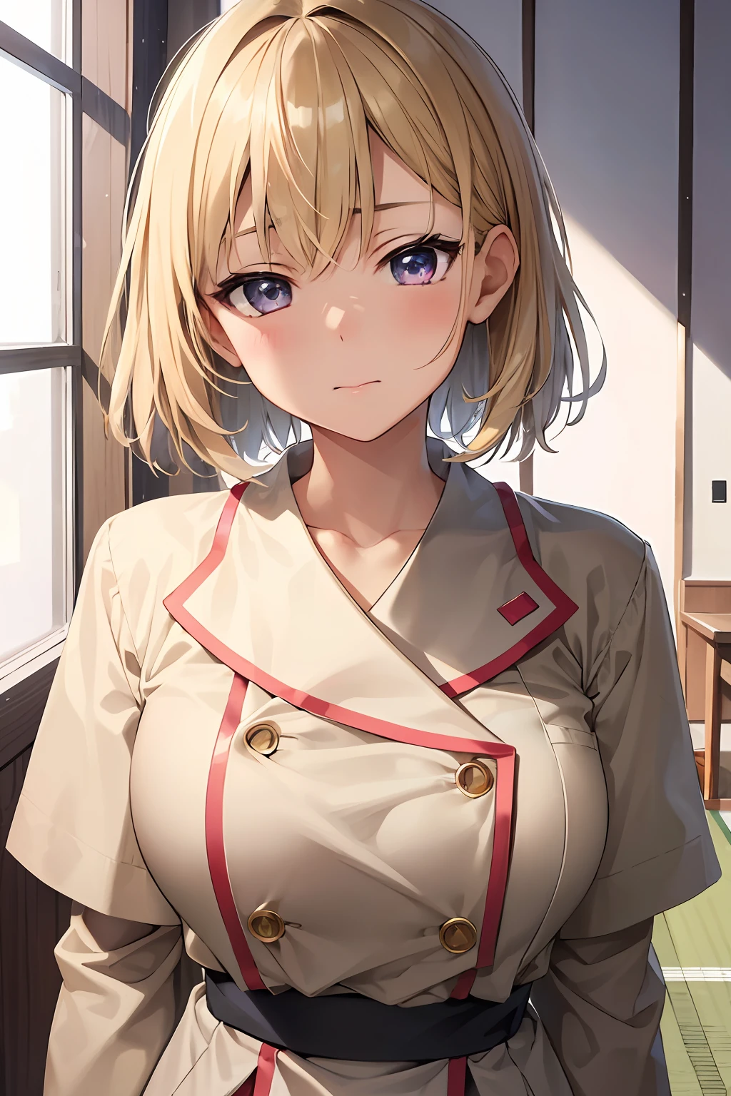 ​masterpiece, top-quality, colourfull, femele, (Japanese high school girls uniform), (gals), (Emotionless face), Beige hair, shiny oily skin with high contrast,, huge-breasted, SFW ,