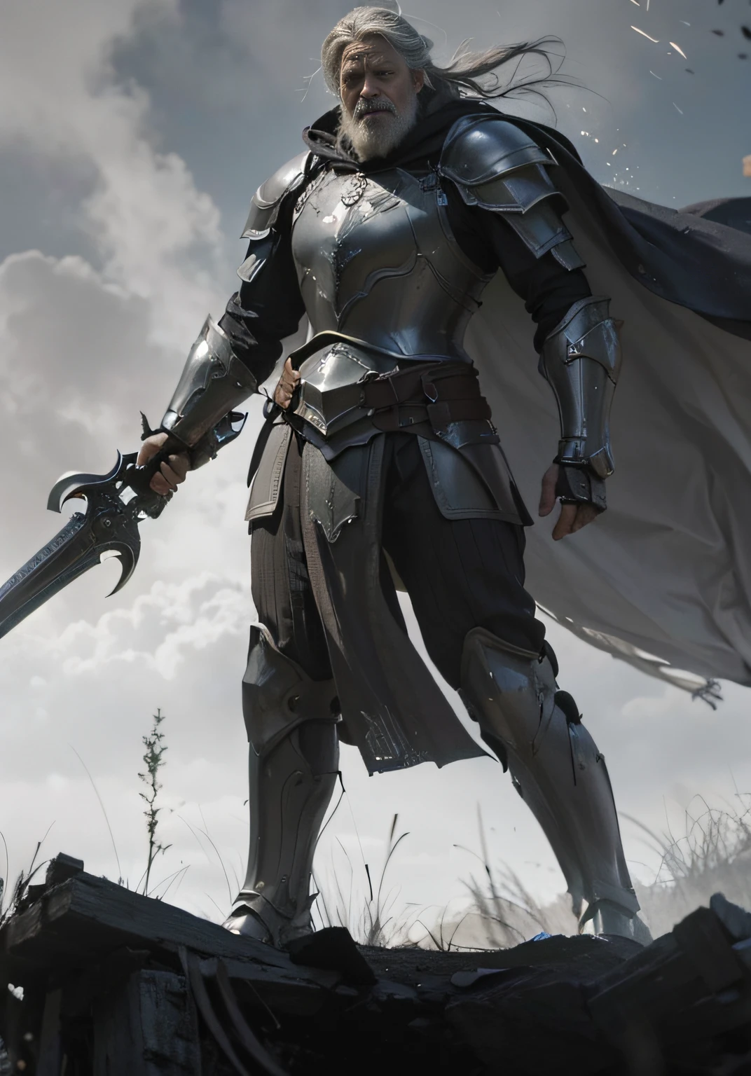 Handsome old man, A man in armor holding a sword,（（sleek armor）），（（plate armor）） Male paladin, A human male paladin, concept art of a warrior, heroic fantasy character concept, armored warrior, grey armor, armored knight, fantasy paladin man, escala cinza, clothed in stealth armor, Wearing battle armor, fantasy knight, fantasy character concept，Marvel，a old man、，realisticlying，dynamic lights，Ex，Gray stubble，full shoot，（非常详细的 CG 统一 8k 壁纸），Trends on ArtStation，Trends on CGSociety，high detal，tack sharp focus，dramatic，gaming character，（CG art）