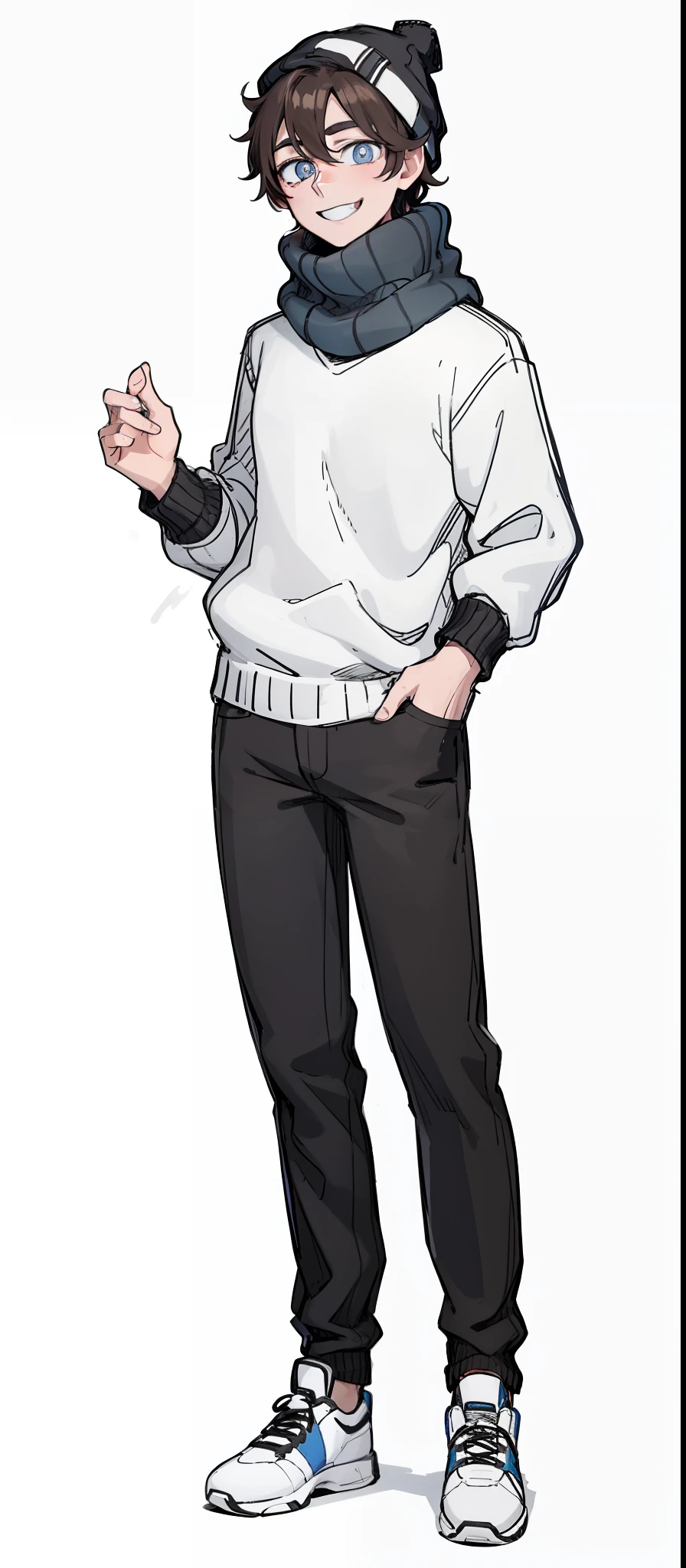 1boy, multicolored, brown hair, black pupils, cute, smile, white sweater, black Beanie, blue Scarf, black t-shirt, black jean, white shoe