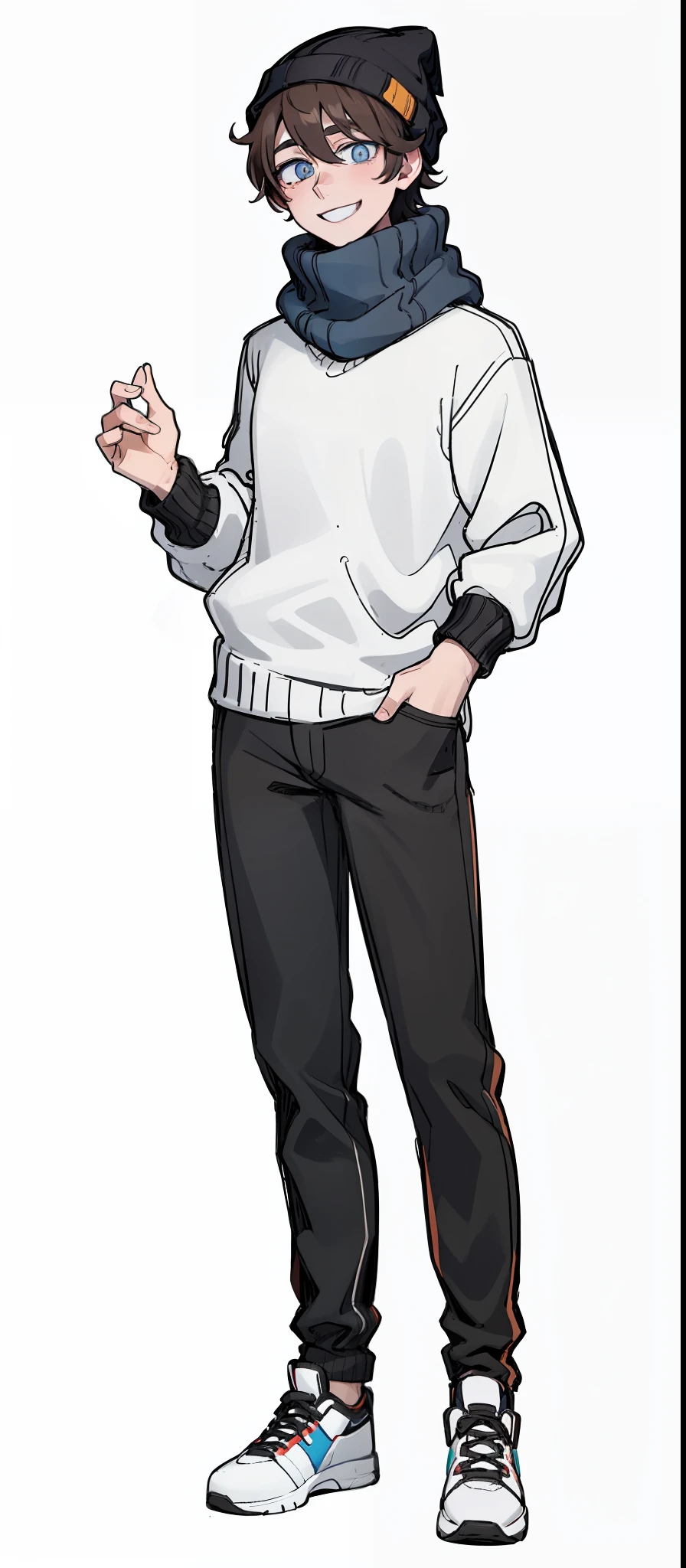1boy, multicolored, brown hair, black pupils, cute, smile, white sweater, black Beanie, blue Scarf, black t-shirt, black jean, white shoe