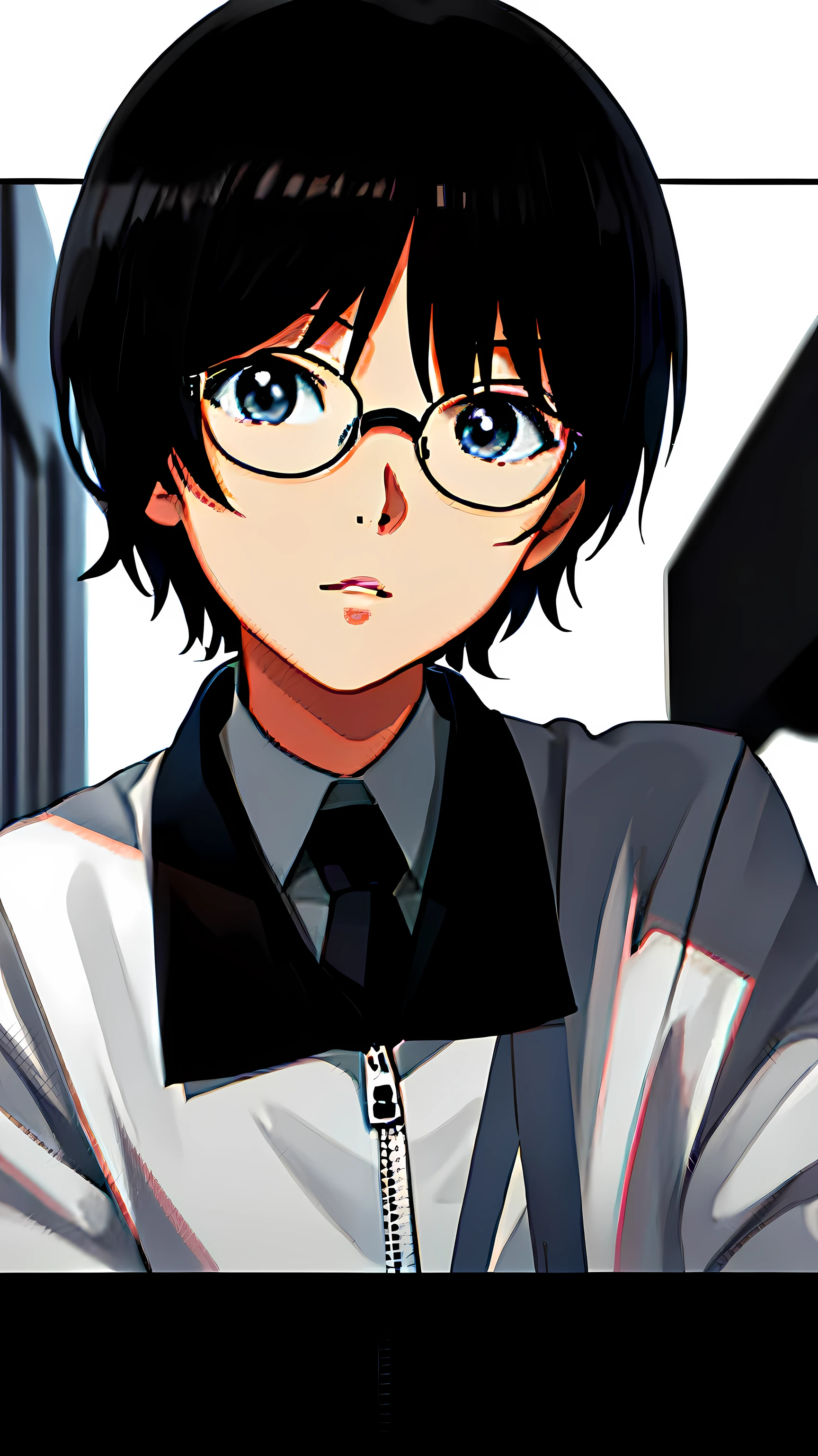 Anime girl posing for photo with glasses black zipper white coat and black collar，Plain white background，Short black hair is slightly moderate