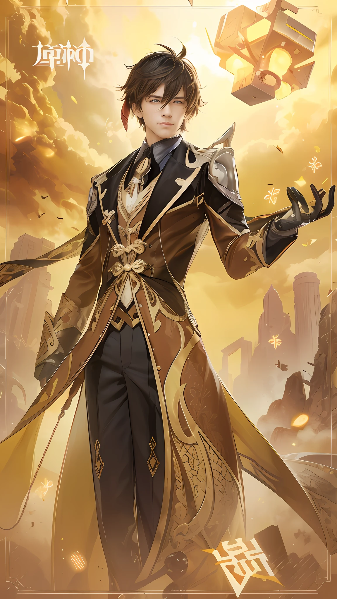 1male, yellow eyes, ultra detail, flat smile,