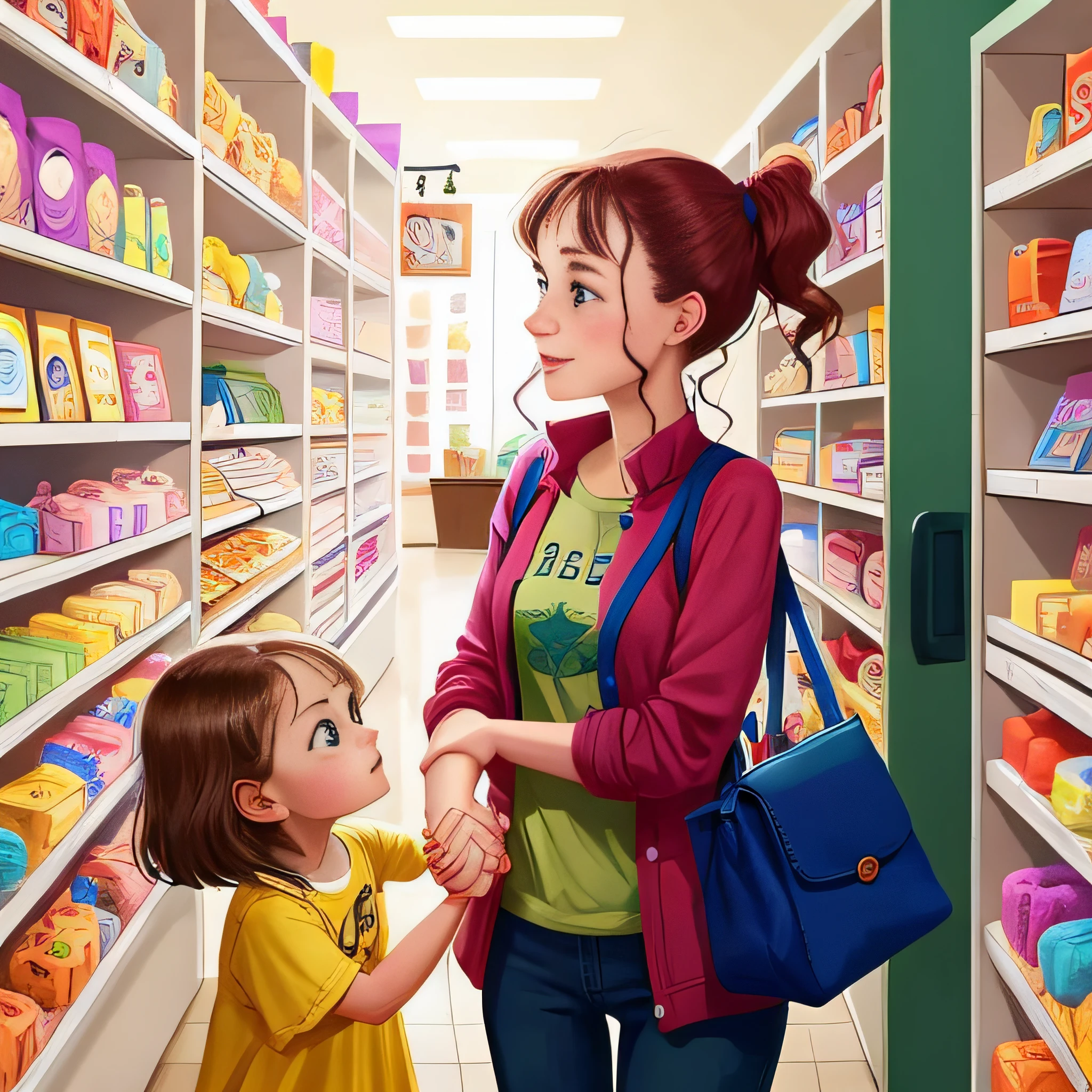 Sophie in front of a toy store holding hands with her mom and dad