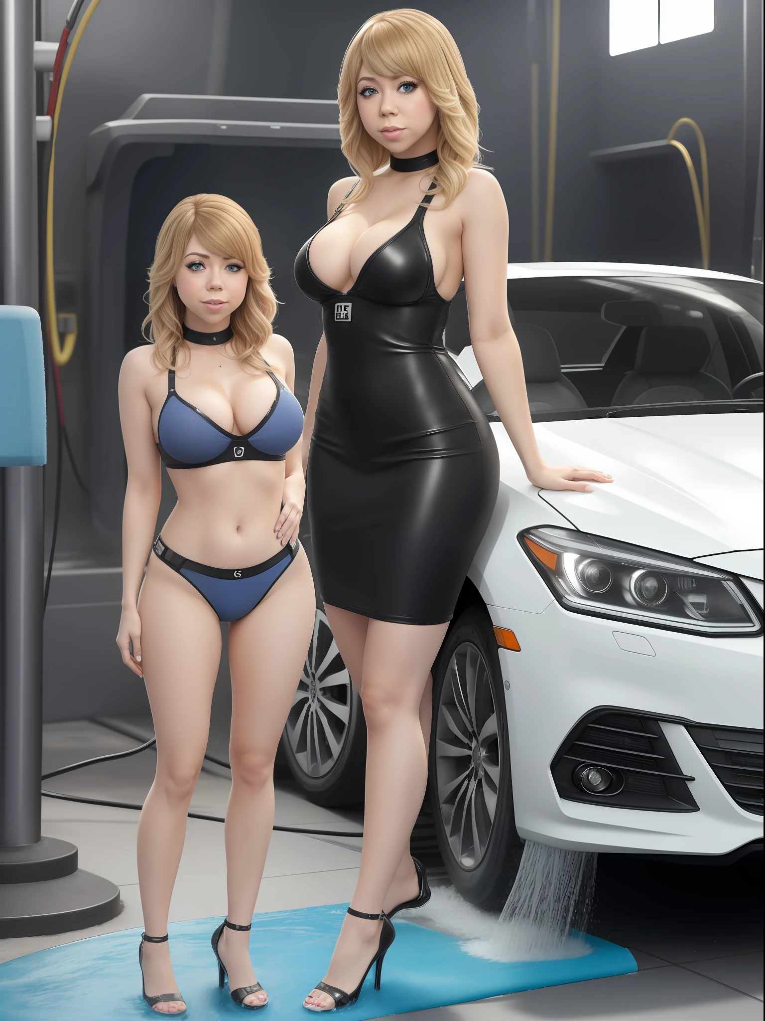 Jennette McCurdy, Carwash, Mittlerer Schuss, Meisterwerk, ultra-detailliert, ultra realistisch, full entire body, (((Foto, 8K))), cleavage, nass, nasse Haare