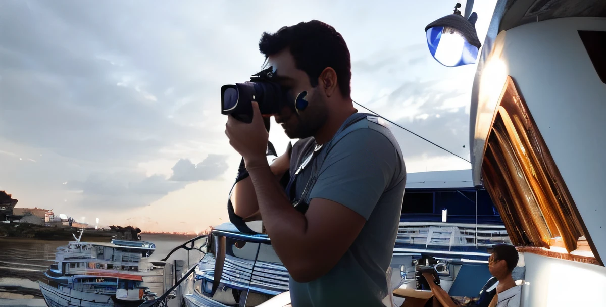 There's a man taking a picture of a boat with a camera, Foto de perfil, fotografia, paparazzi fotografia, Foto tirada de um barco, A foto foi tirada de um barco, Foto Profissional, foto retrato, journalistic photo, premiados, daniel mirante, fotografia tirada, phtograph, during sunset, Fotografia Profissional, Amr Elshamy, fotografia de viagem