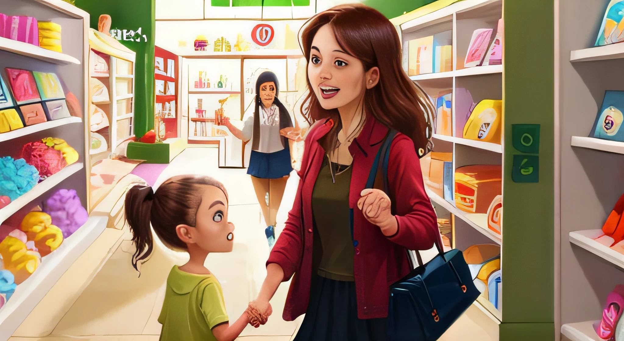 Sophie in front of a toy store holding hands with her mother and father