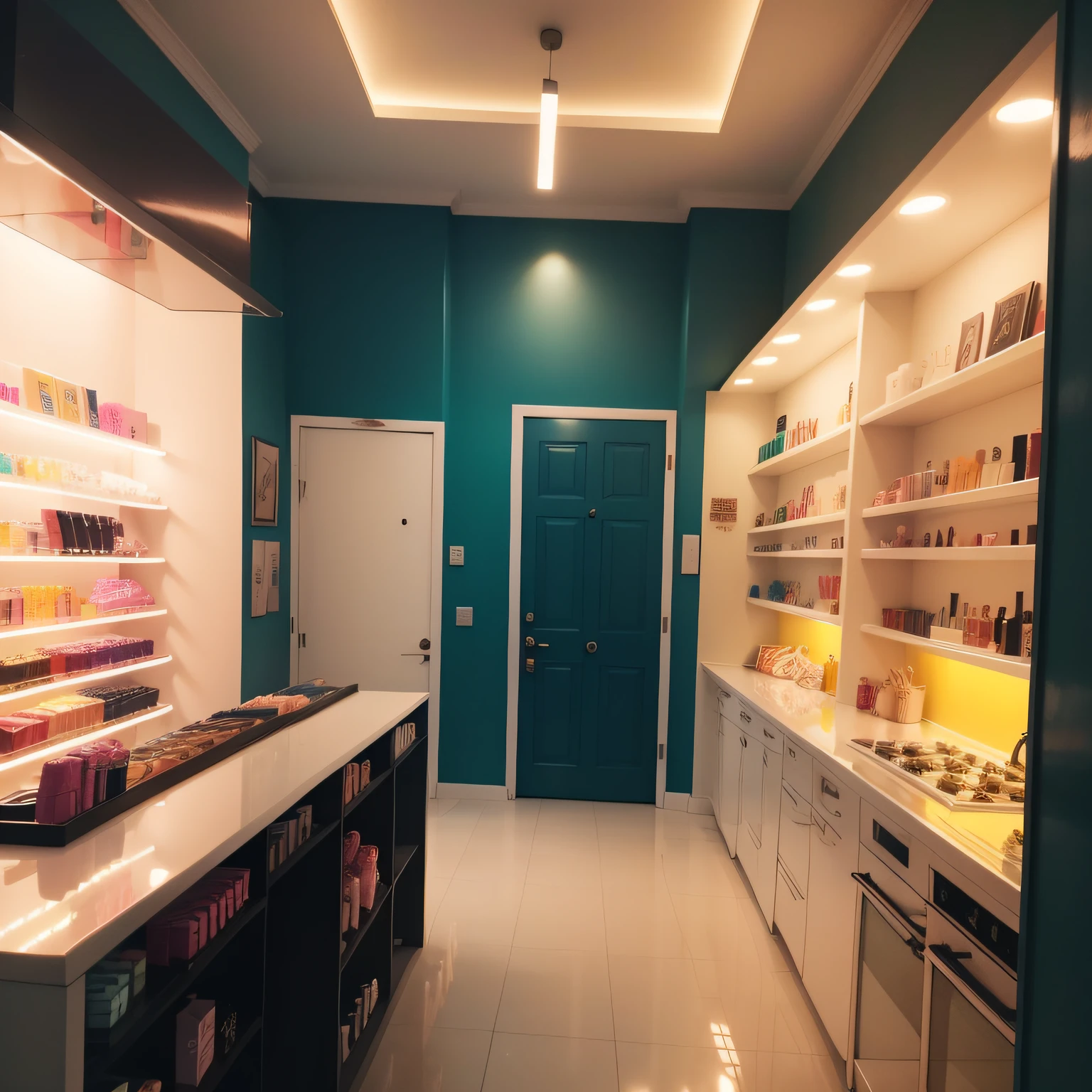 There is a shop with counter and cosmetics shelves, vibrant aesthetic, Brightly Lit - atmosfera de estilo, teto arredondado, beautiful aesthetic design, Directed by: Olivia Peguero, Directed by: Konrad Witz, set on singaporean aesthetic, beautiful aesthetics, Directed by: French Victoria, modern lush condo as shopfront, glowing aesthetic, quarto cor-de-rosa iluminado, by Gina Pellón
