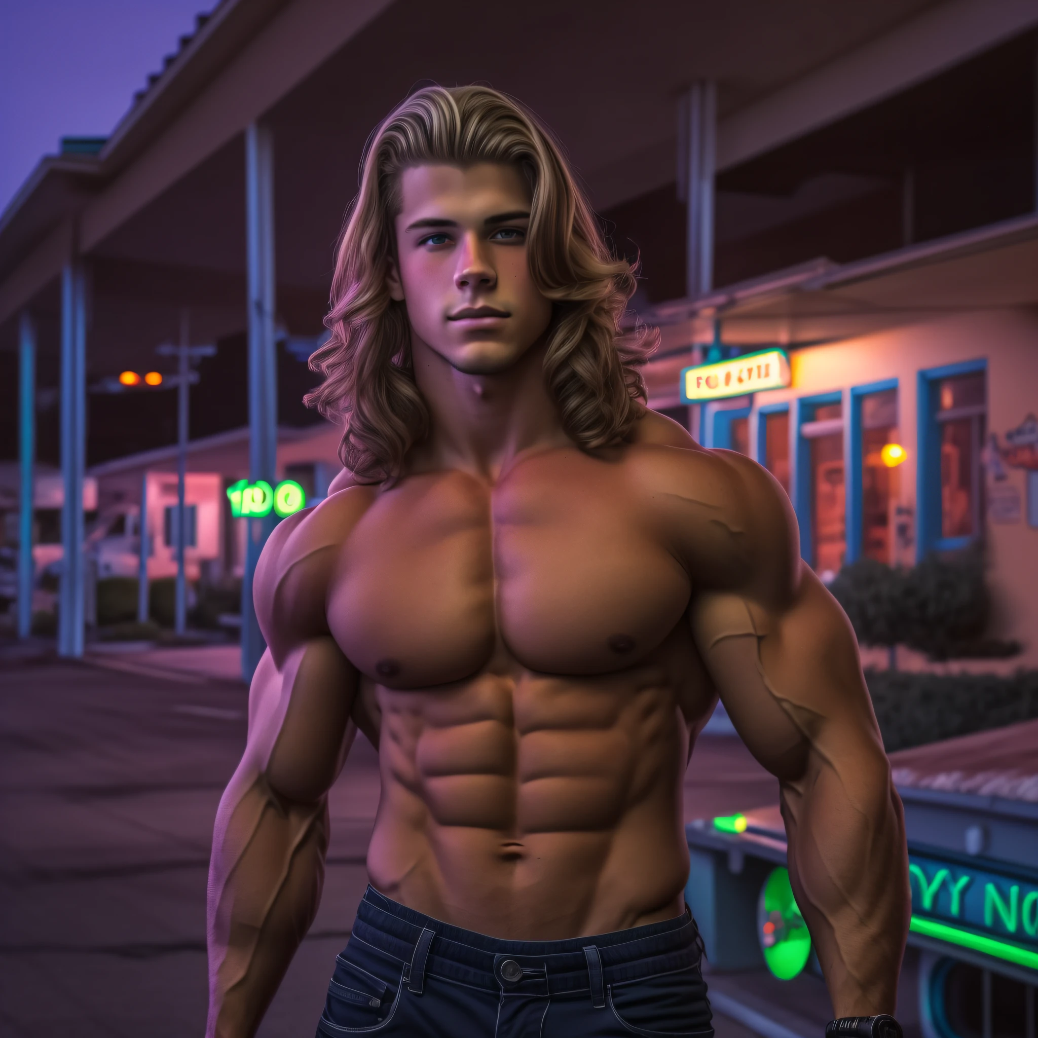 An 18-year-old boy bodybuilder, embodying the perfect fusion of Joey Lawrence and Cody Calafiore with long hair, exuding an aura of strength and confidence. Enhanced with HDR technology, this image depicts a true masterpiece, 4K resolution, flawless anatomy, old motel exterior, night photography, retro vibes, neon, cinematic processing, detailed face
