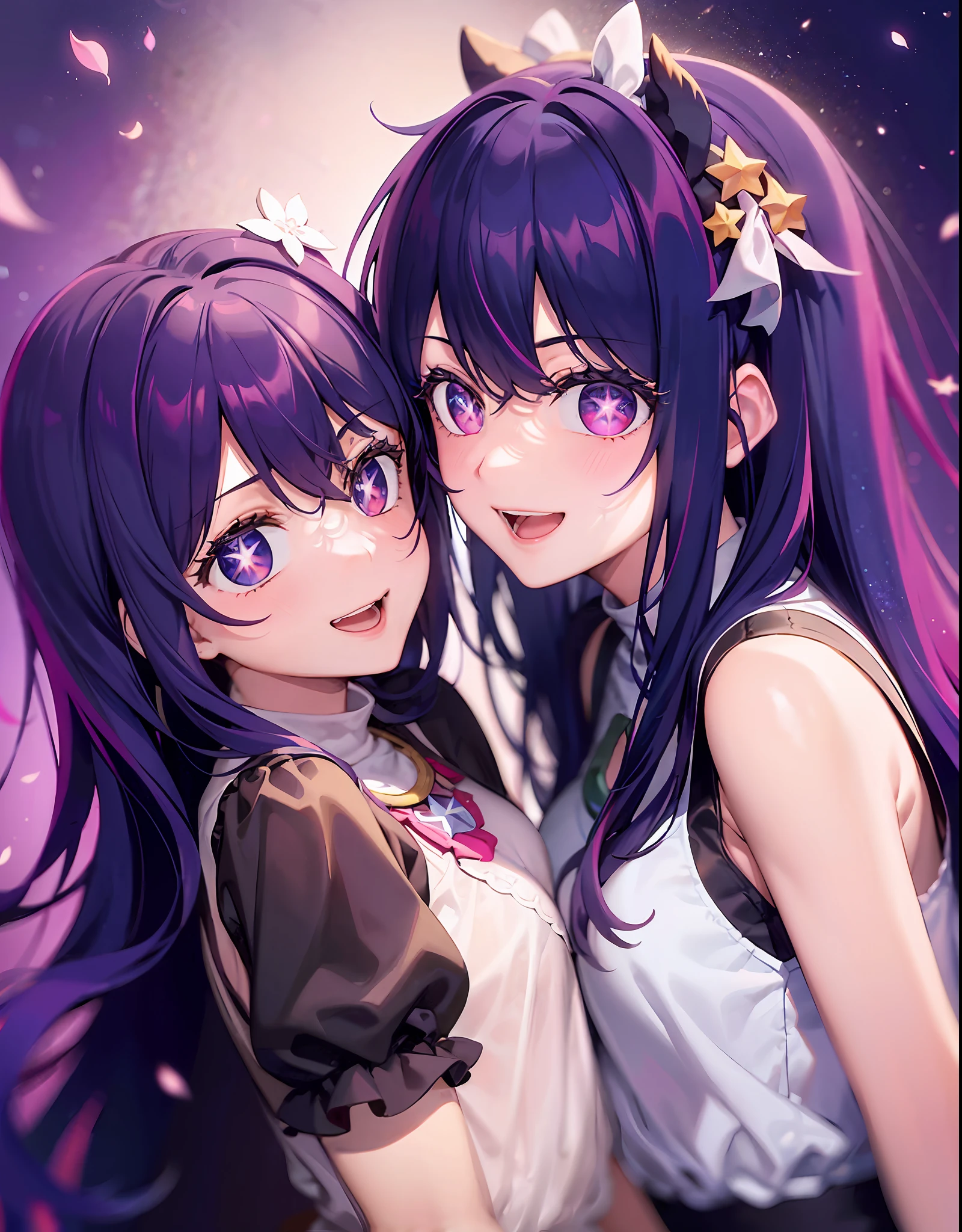 ((2 girls))((There is a five-pointed star in the eye))Gorgeous Hair in Long Purple,Smile,Open mouth,kisses,Kiss,short- sleeved,grove