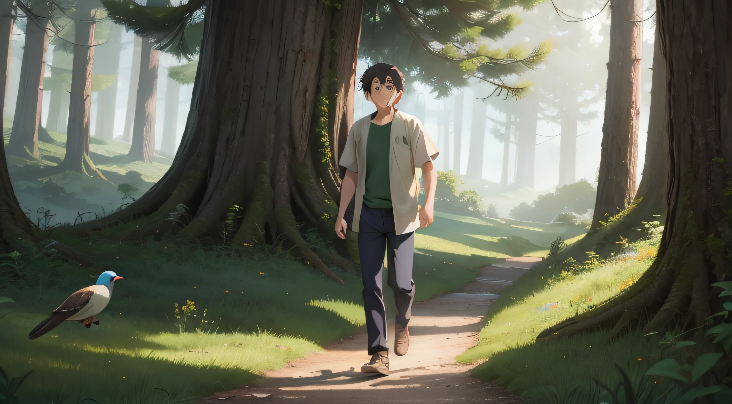 15-year-old boy named Zawa, son of a lumberjack, in the forest, with birds flying in the trees. Ghibli Film Studio