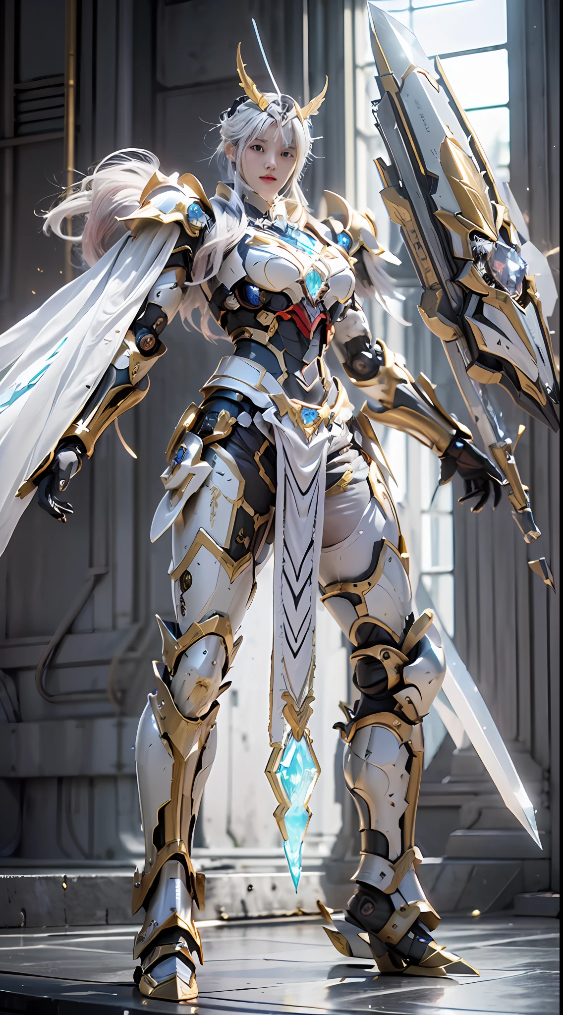 Giant sword,Fighting posture,giant mecha,White is the main color,Comes with bright decorative colors such as red and gold。There are powerful thrusters,(Crystal armor:1.5),(((巨作))),(((Best quality))),((ultra - detailed))((Extremely detailed CG)),((16K resolution))((An extremely delicate and beautiful)),{Photorealistic},Full of detailed light blooms,A masterpiece from the Canon EOS R6 shooting,((tmasterpiece)) ,电影灯光,独奏,Unreal Engine 5,(Faraway view:1.5)