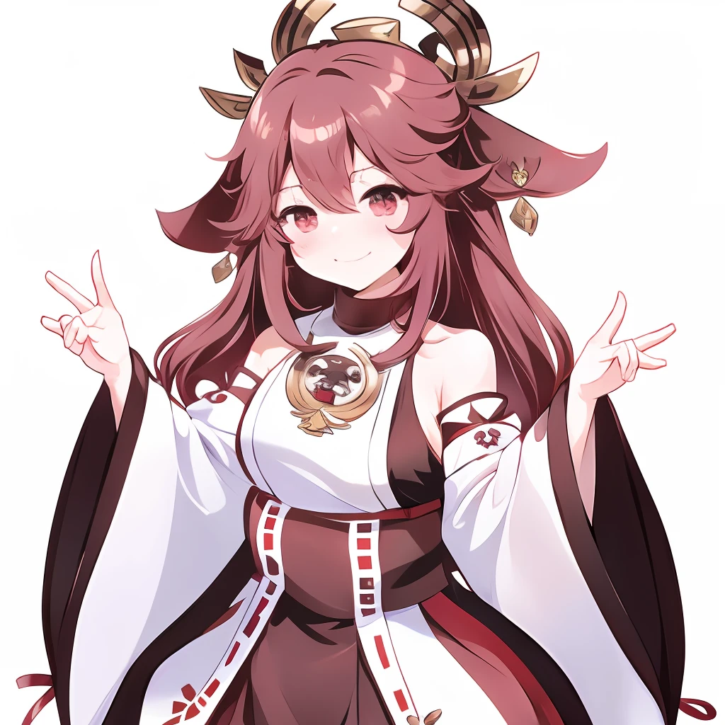 masterpiece, best quality, chibi,1girl, solo, hakurei reimu, hair bow, bow, detached sleeves, closed eyes, hair tubes, open mouth, red bow, smile, brown hair, ascot, ^_^, blush, ponytail, simple background, :d, white background, bare shoulders, parody, \m/, upper body, pinky out, pointing, wide sleeves, long hair, ribbon, skirt set, shirt, laughing, hair ribbon, double \m/, happy, long sleeves, short hair, black hair, red skirt, skirt