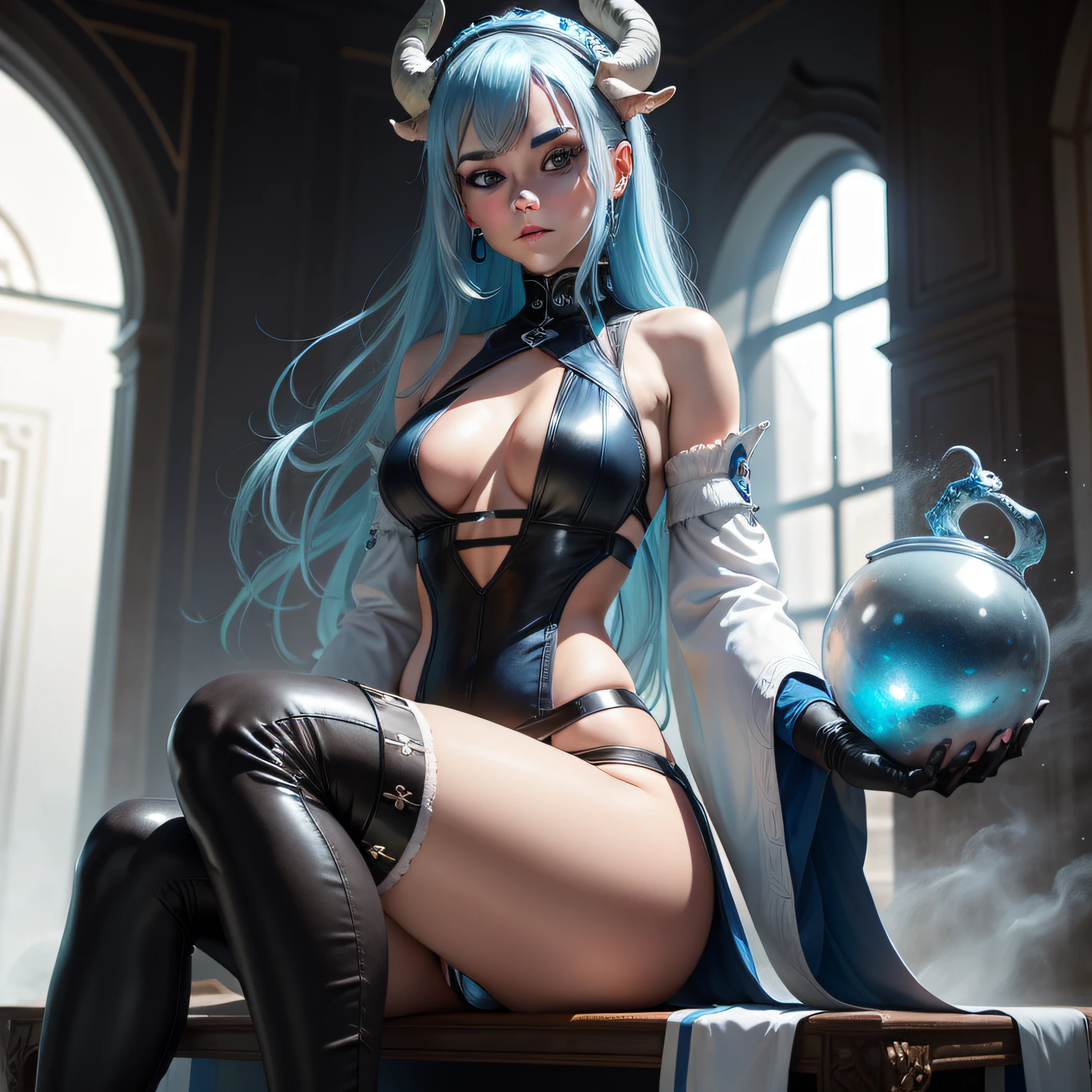 a young woman with blue hair and goat horn woman's clothing consists of a black bodysuit covering only her chest with the rest of the outfit with white accents around the neckline and white sleeves as well as some light detailing blue near the bottom hemline. On her feet, she wears black leggings with white laces running down her thighs that match the color scheme of her outfit perfectly. blue eyes beautiful face, with a blue ice ball int hand, blue background