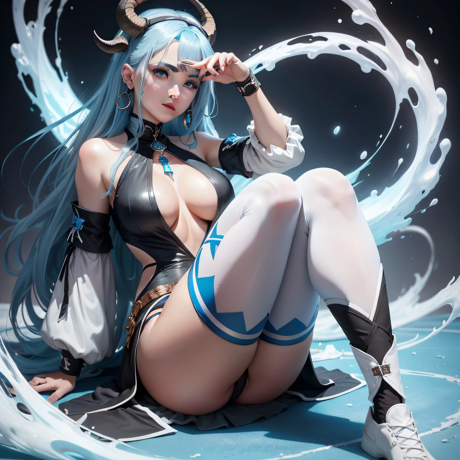 a young woman with blue hair and goat horn woman's clothing consists of a black bodysuit covering only her chest with the rest of the outfit with white accents around the neckline and white sleeves as well as some light detailing blue near the bottom hemline. On her feet, she wears black leggings with white laces running down her thighs that match the color scheme of her outfit perfectly. blue eyes beautiful face, with a blue ice ball int hand, blue background